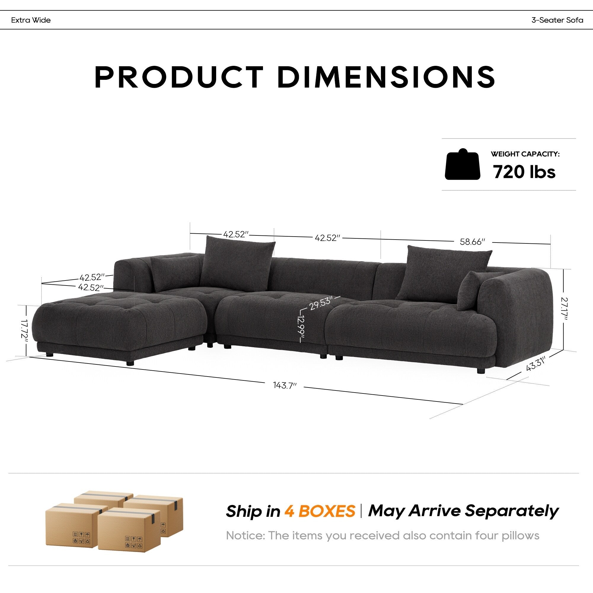 Canapé modulaire Cloud 144 avec pouf - Canapé de salon en tissu chenille moelleux