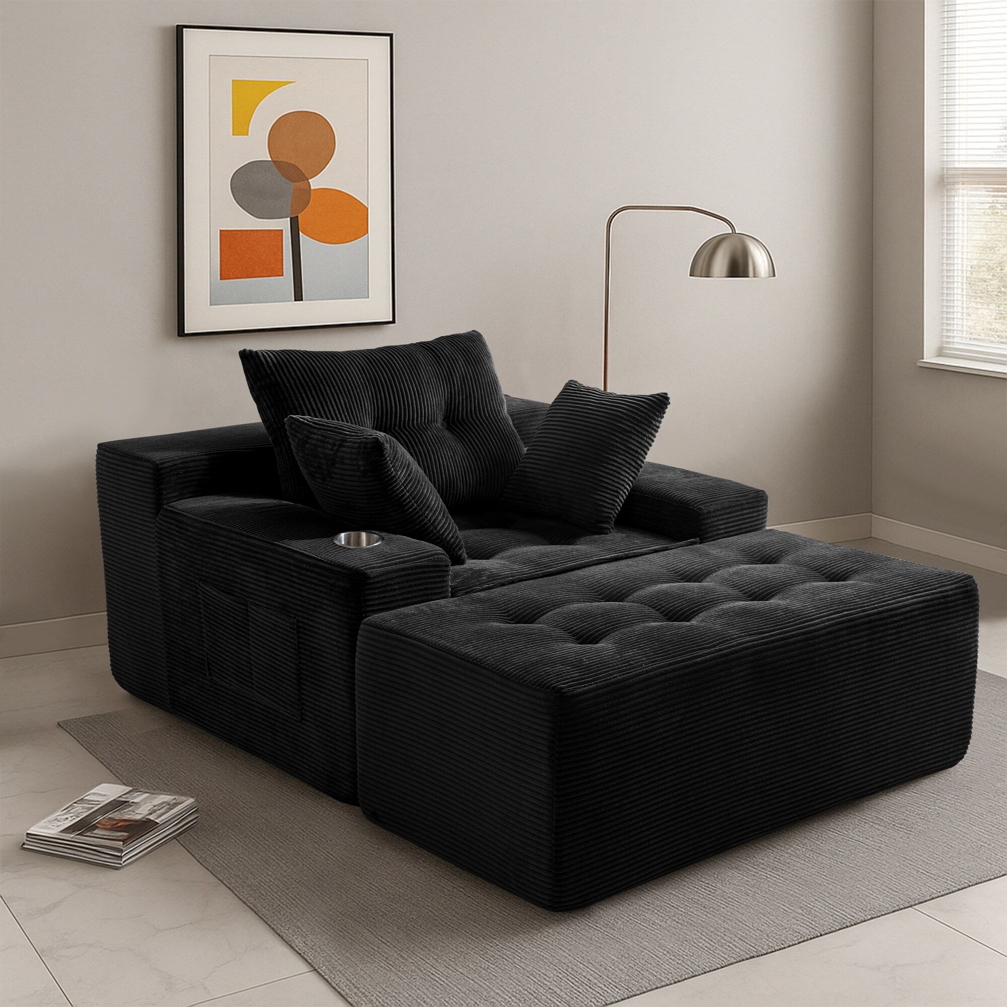 Canapé pouf rembourré en velours côtelé et mousse à mémoire de forme avec pouf - 48,4 L x 67,7 l x 24,4 H