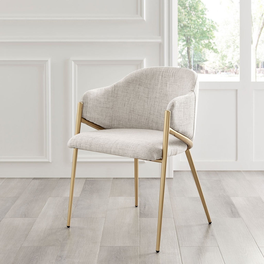 Chaise de salle à manger Alice en lin beige clair neutre avec cadre doré