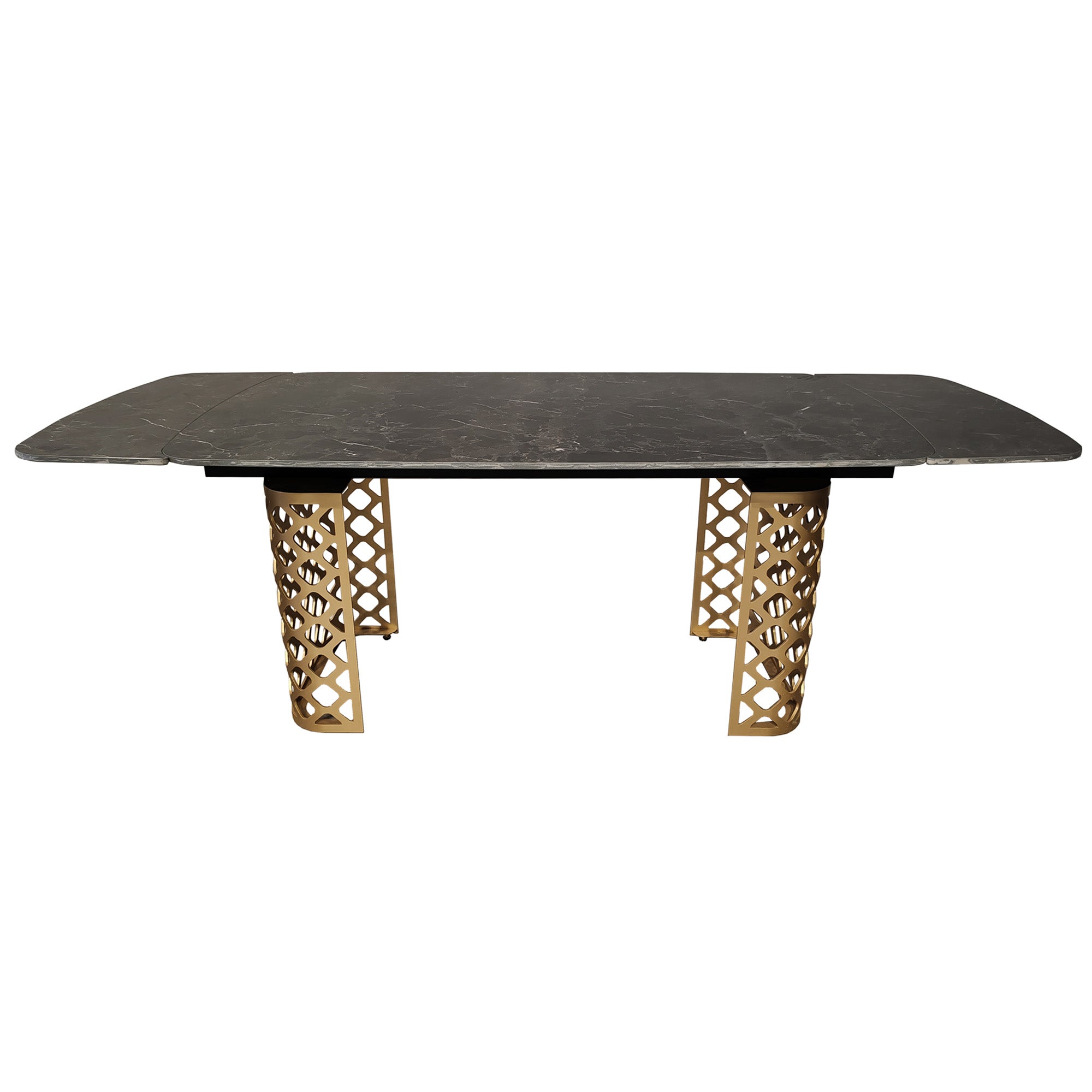 Table à manger extensible en céramique noire effet marbre avec base dorée