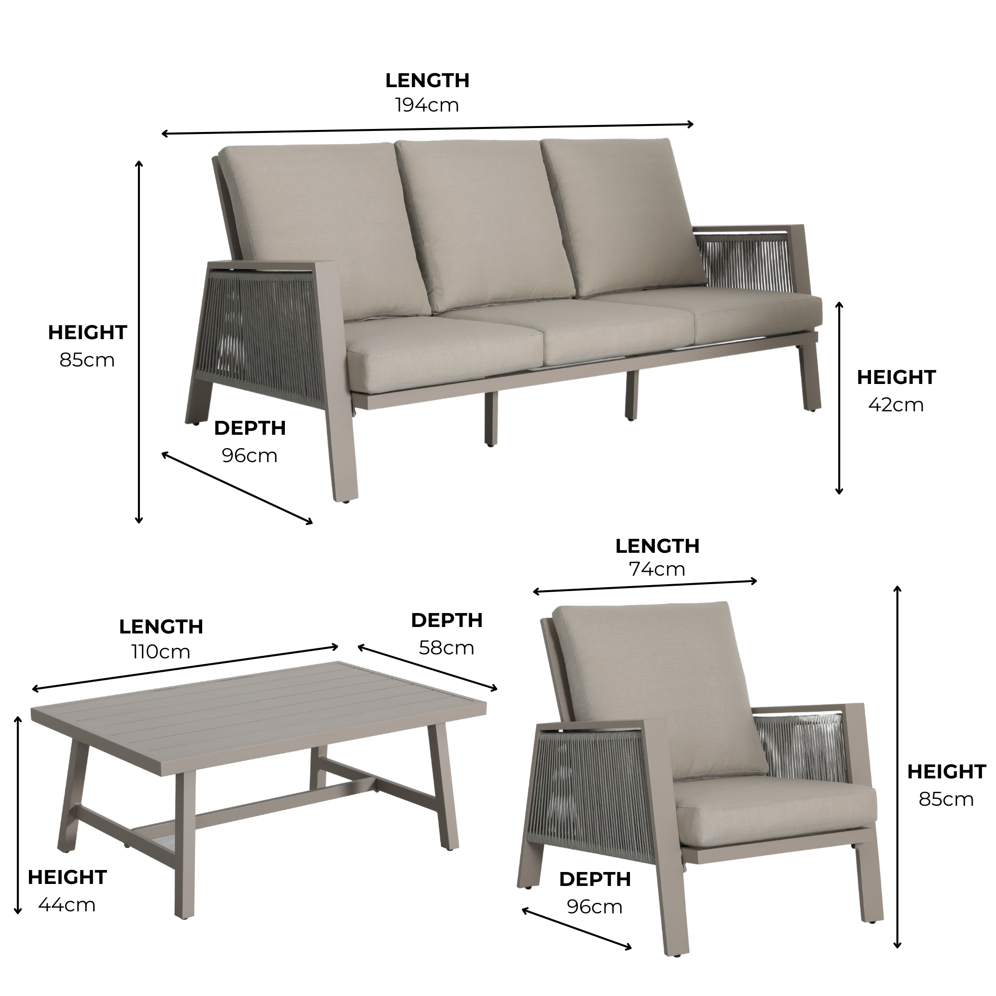 Ensemble de canapés 5 places en aluminium beige Sicile avec coussins beiges