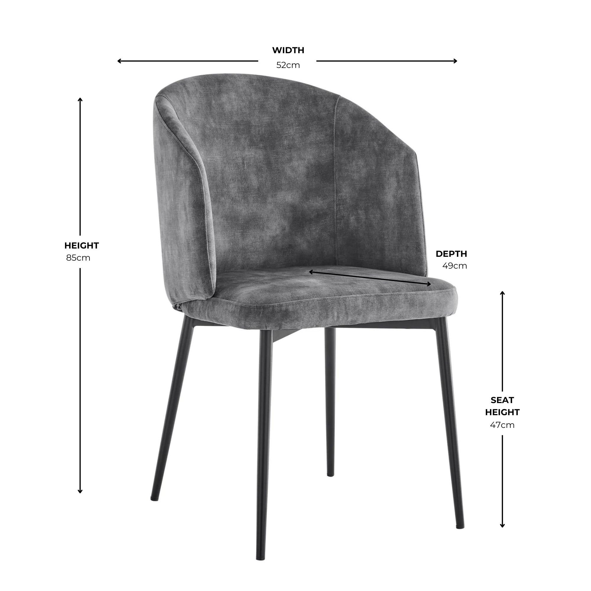 Chaise de salle à manger incurvée en velours gris Capri avec pieds noirs