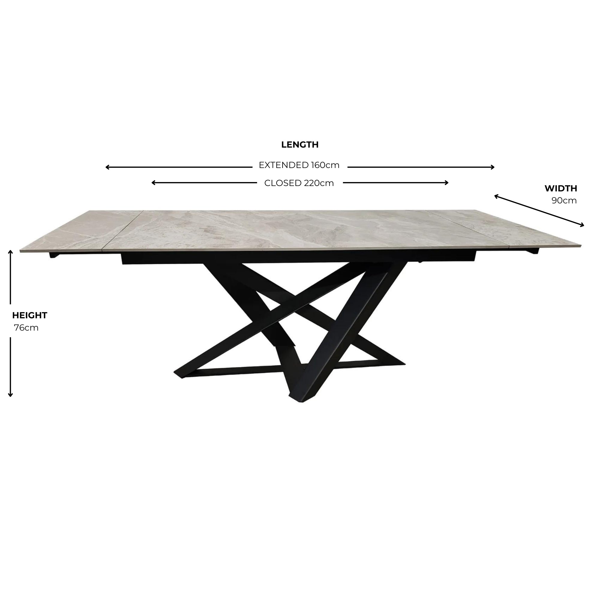 Table à manger extensible en céramique grise effet marbre avec base noire