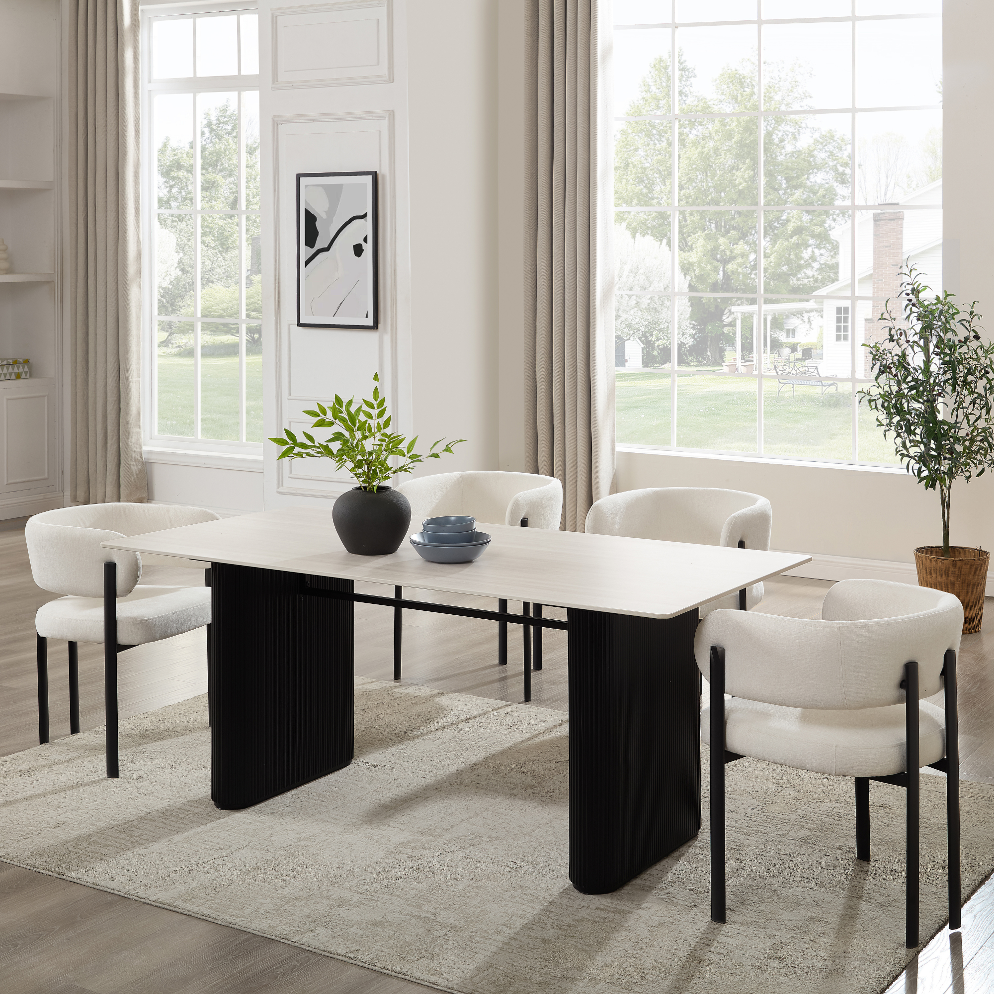 Table à manger Siena en céramique blanche avec base nervurée noire