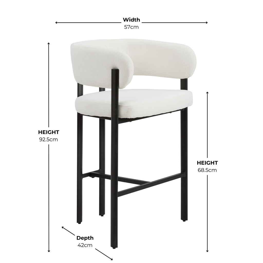 Tabouret de bar courbé Elle en lin ivoire avec cadre en métal noir
