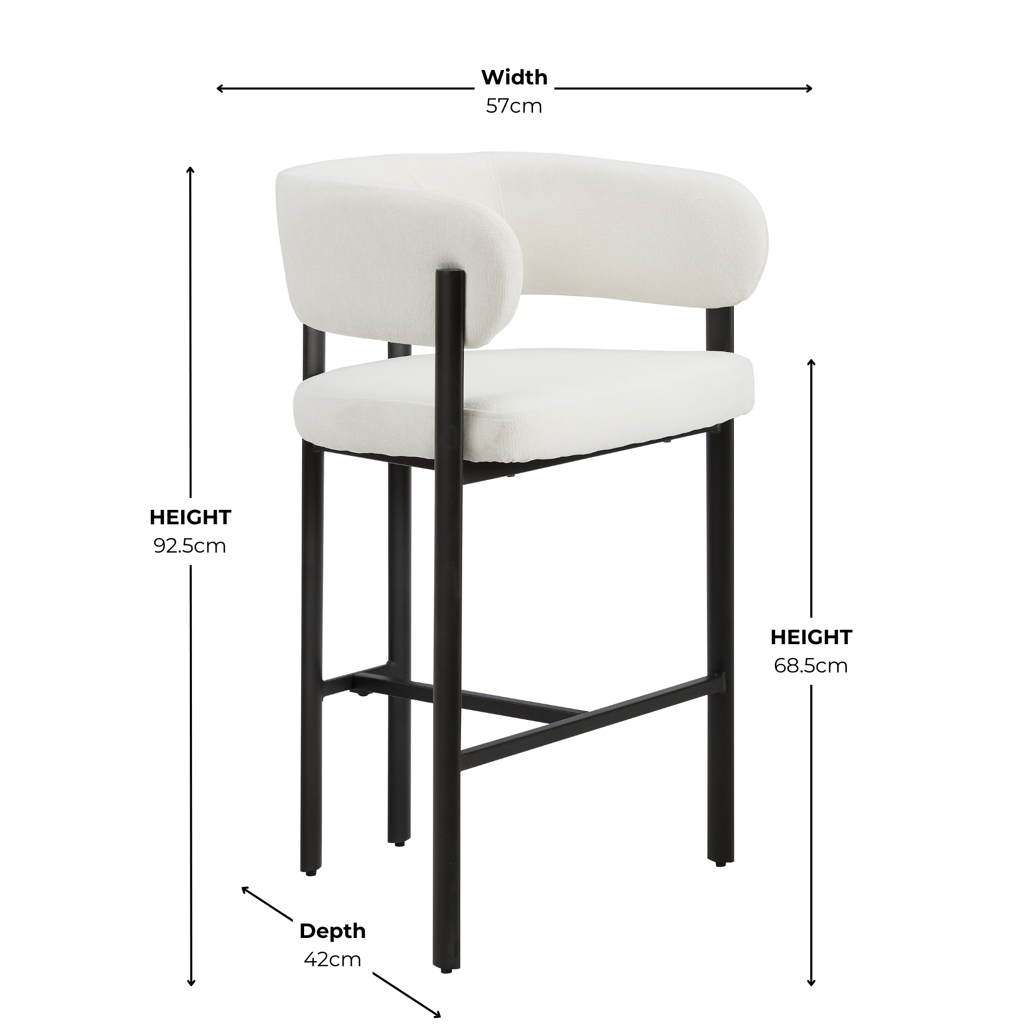 Tabouret de bar courbé Elle en lin ivoire avec cadre en métal noir