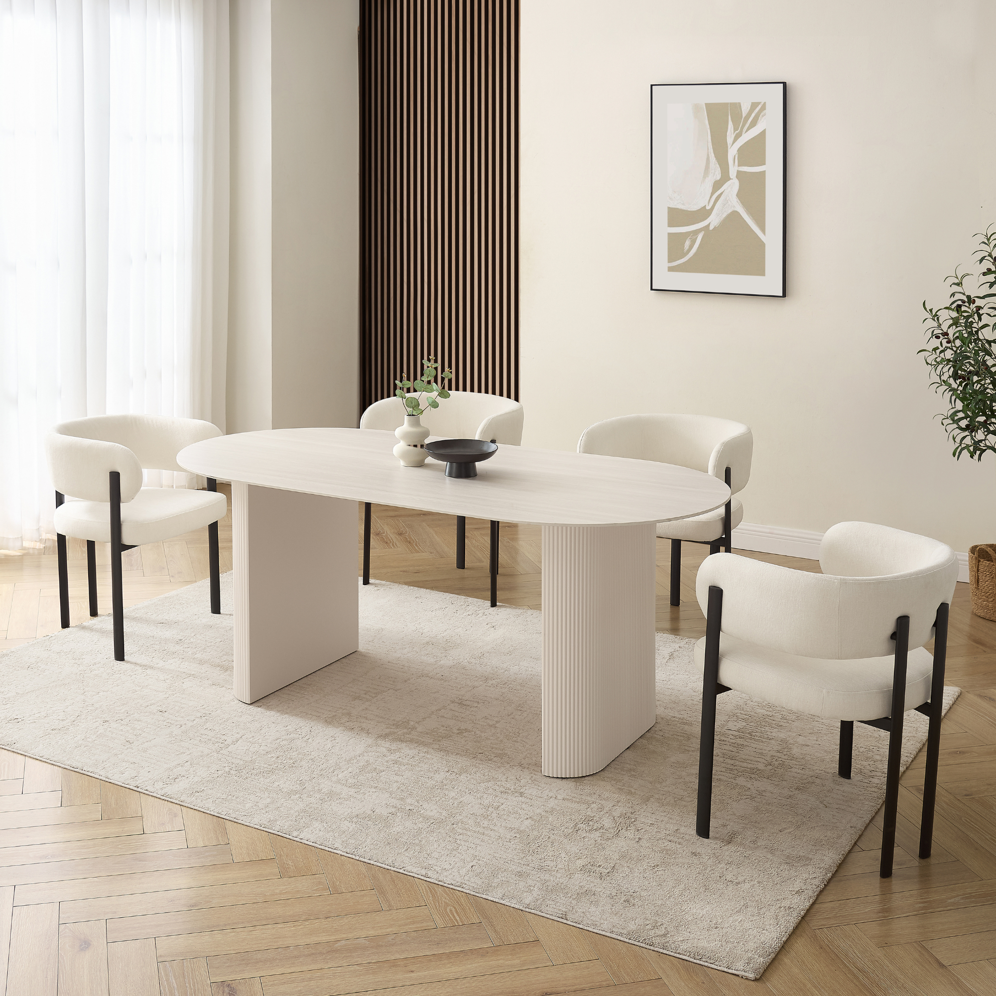 Table à manger Sofia en céramique blanche avec base côtelée crème