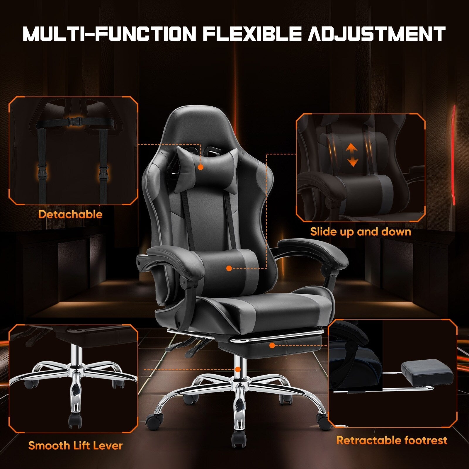 Fauteuil de jeu ergonomique pivotant à 360° en cuir PU avec repose-pieds, appui-tête, support lombaire et hauteur réglable
