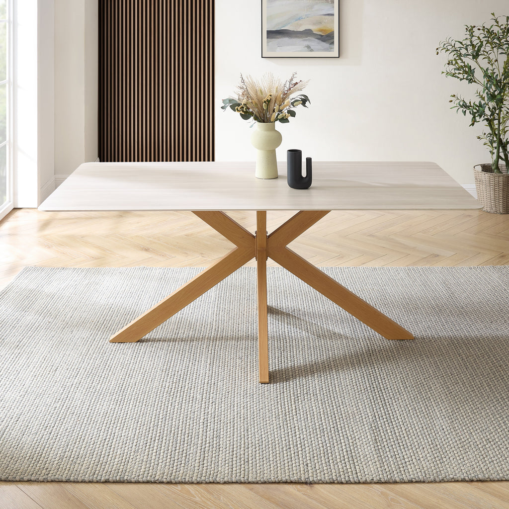 Table à manger Athens en céramique blanche avec base effet bois naturel