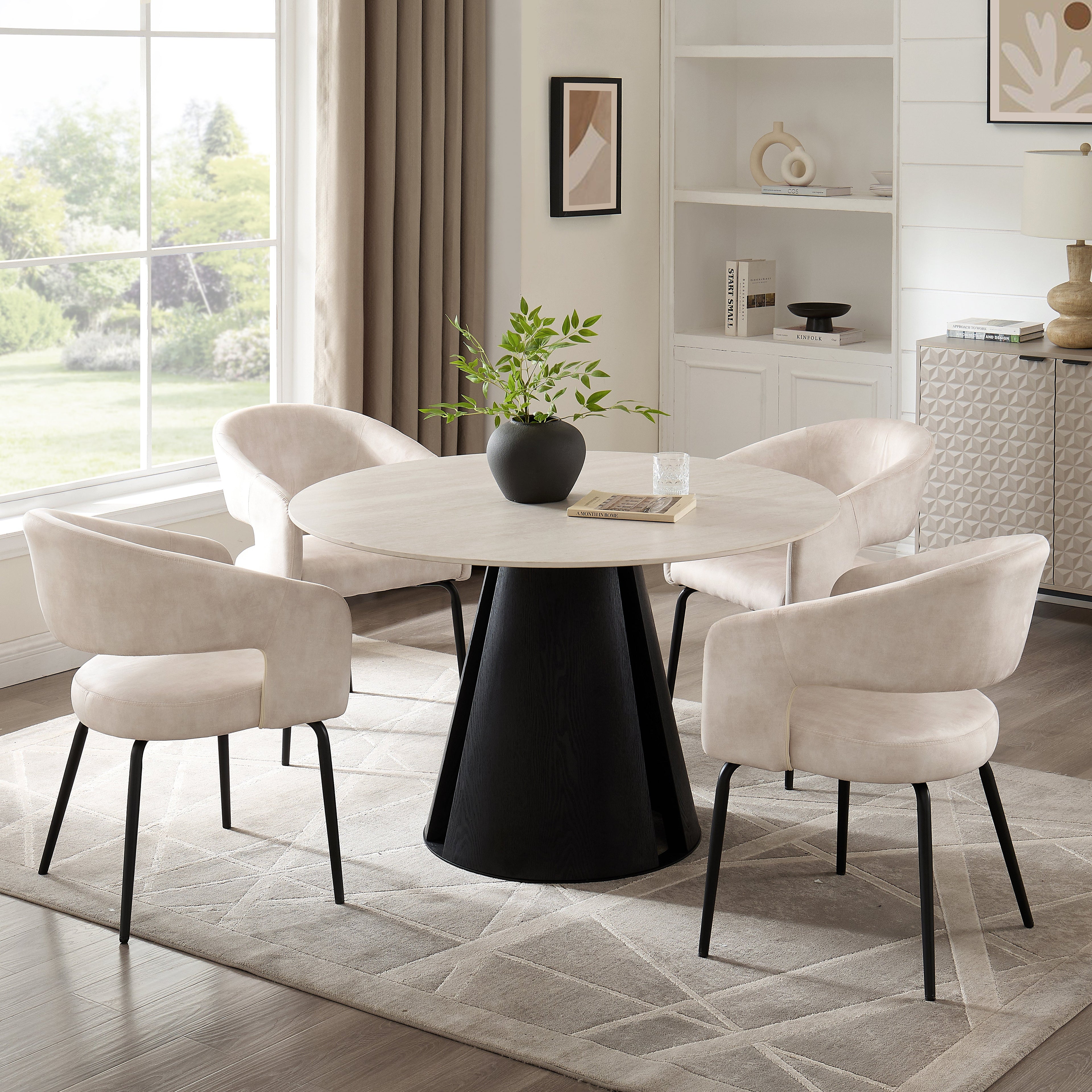 Table à manger ronde Maya en céramique crème clair avec base noire