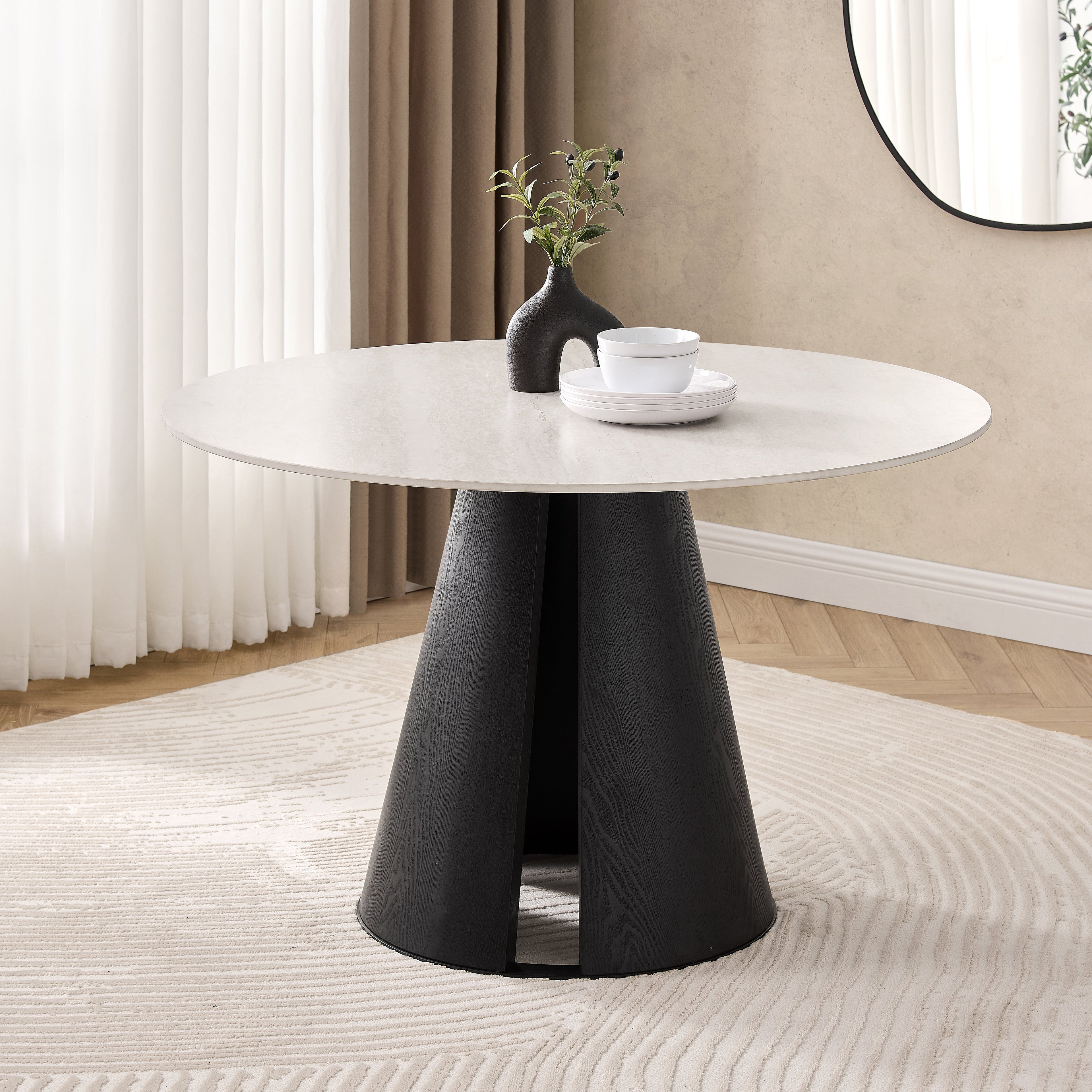 Table à manger ronde Maya en céramique crème clair avec base noire
