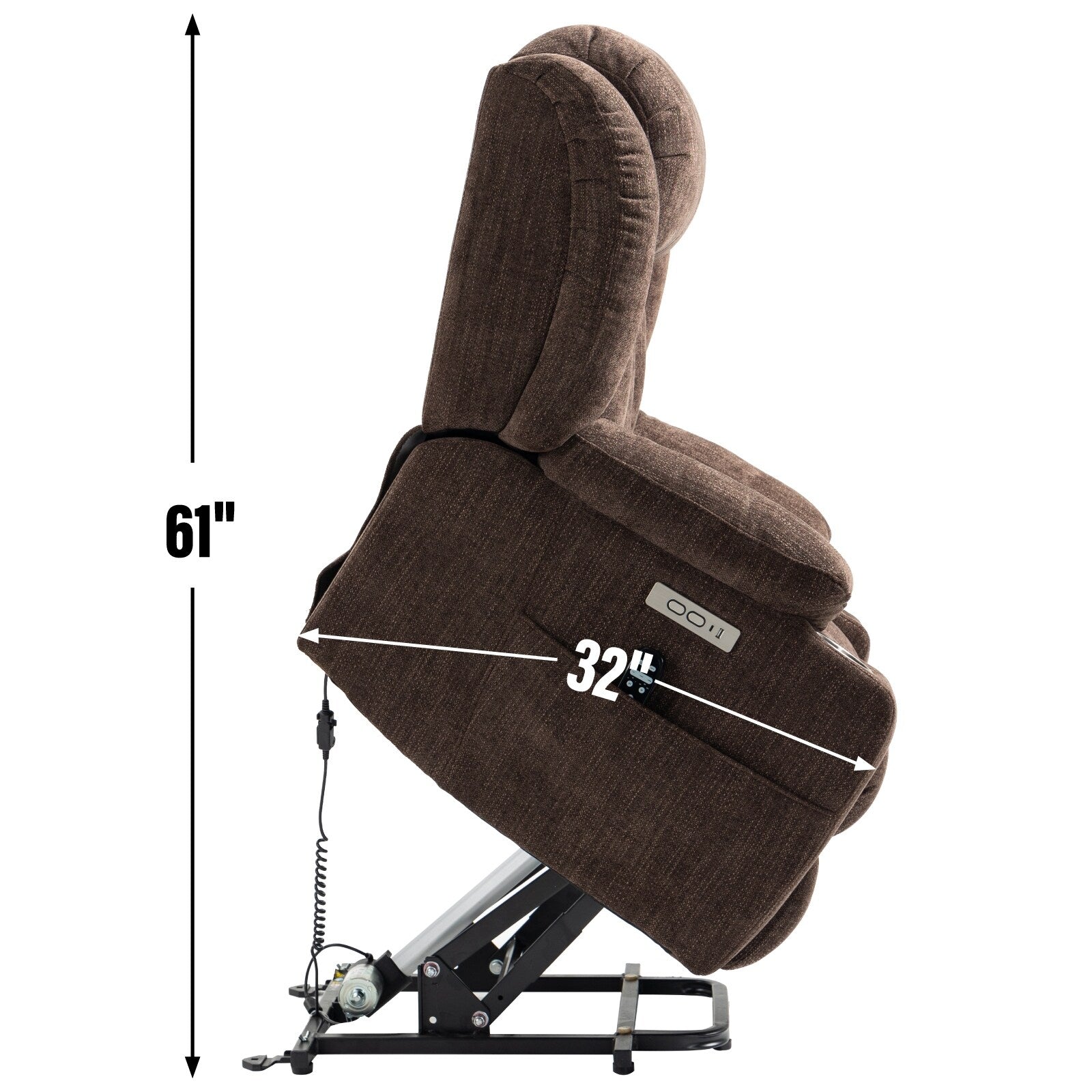 Fauteuil inclinable électrique en chenille grise avec massage, chauffage lombaire, ports USB et Type-C et porte-gobelets en acier inoxydable