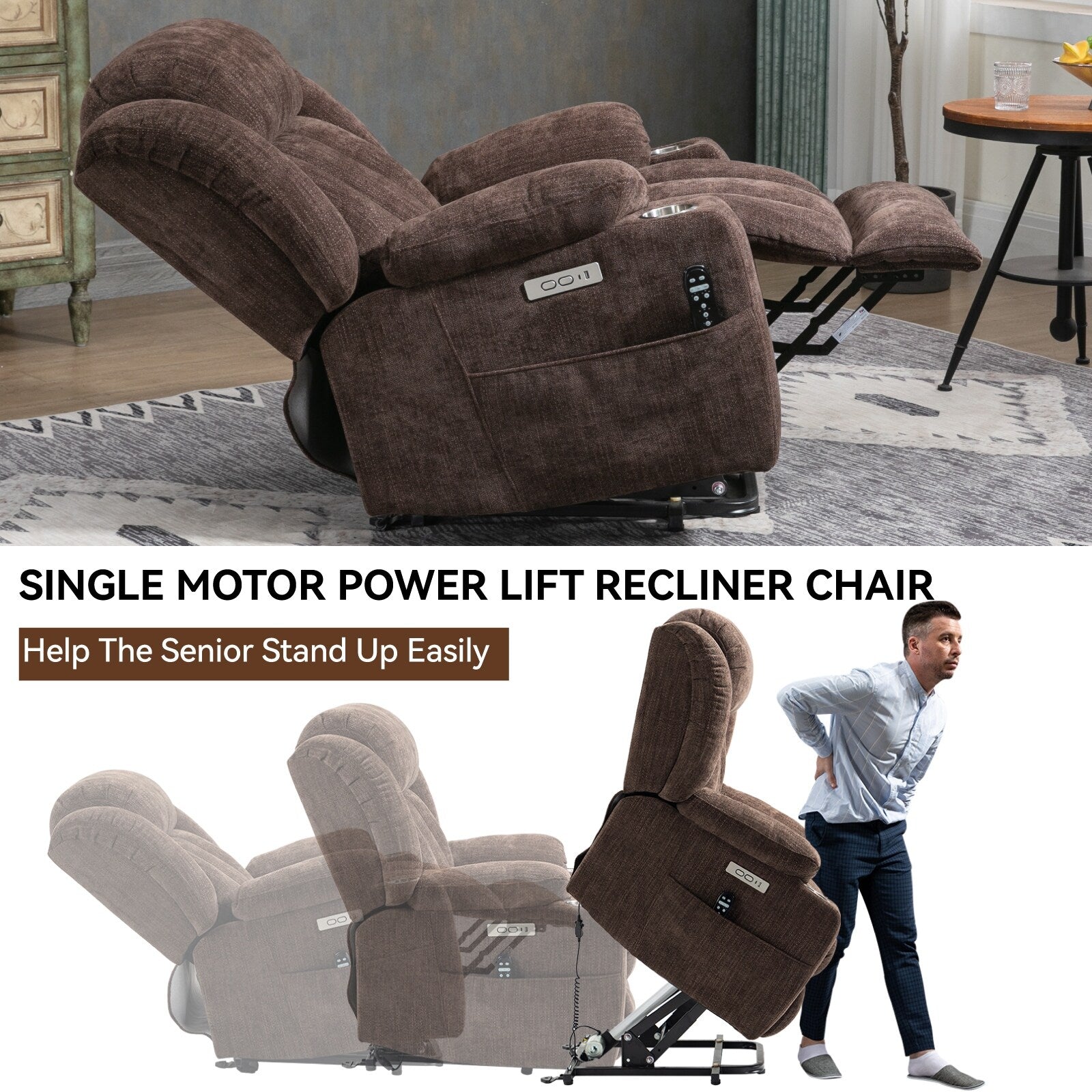 Fauteuil inclinable électrique en chenille grise avec massage, chauffage lombaire, ports USB et Type-C et porte-gobelets en acier inoxydable
