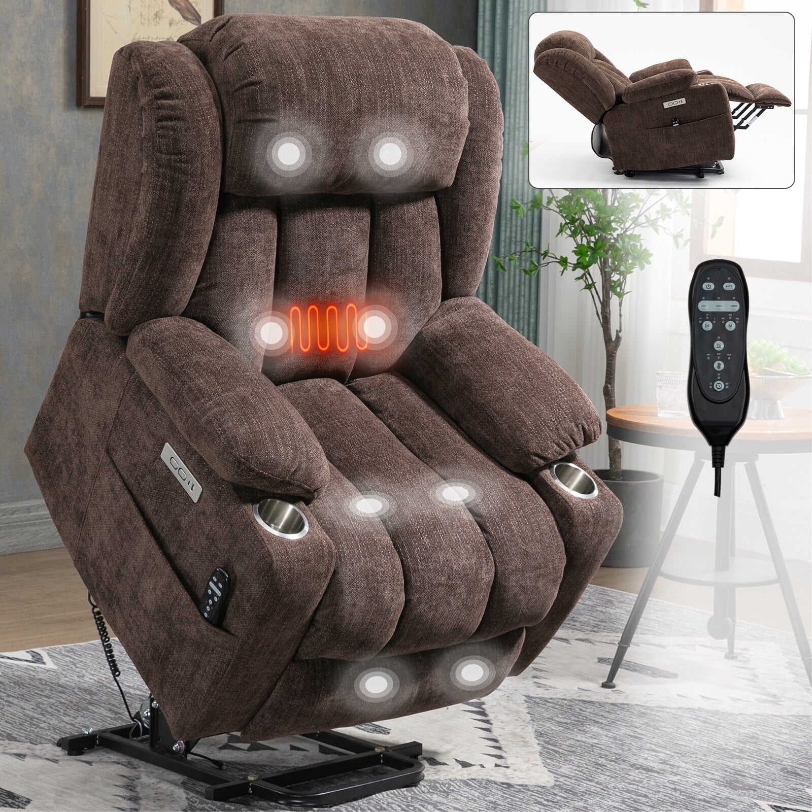 Fauteuil inclinable électrique en chenille grise avec massage, chauffage lombaire, ports USB et Type-C et porte-gobelets en acier inoxydable