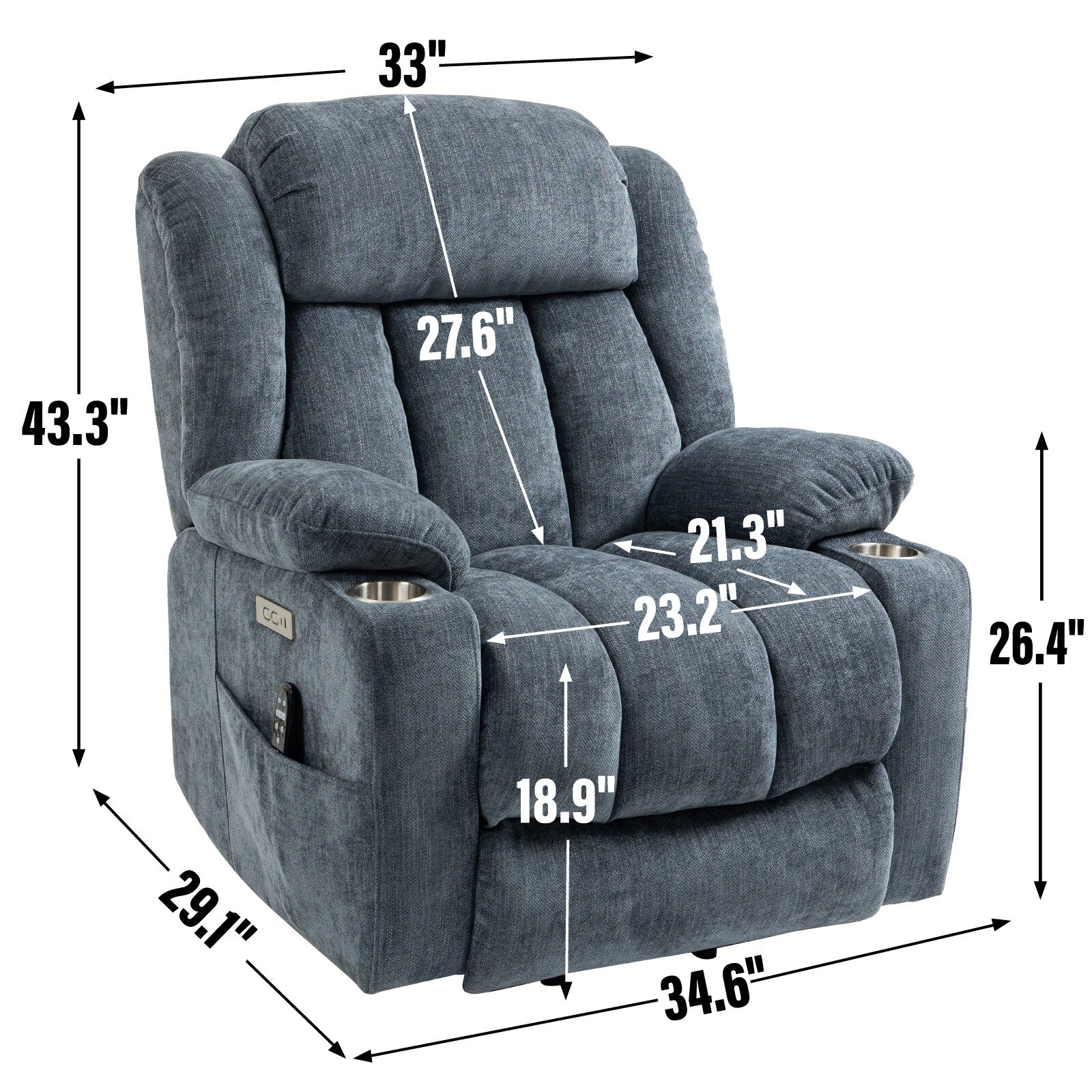 Fauteuil inclinable électrique en chenille grise avec massage, chauffage lombaire, ports USB et Type-C et porte-gobelets en acier inoxydable