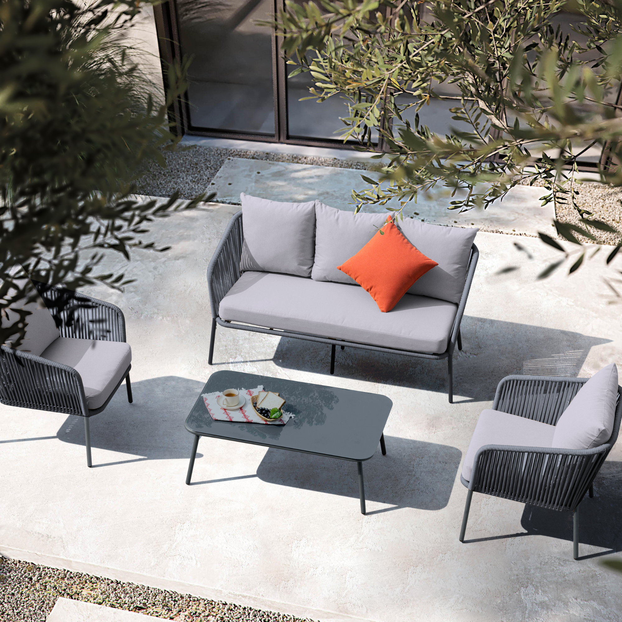Ensemble canapé et table basse 5 places Turin gris avec cadre en aluminium tressé