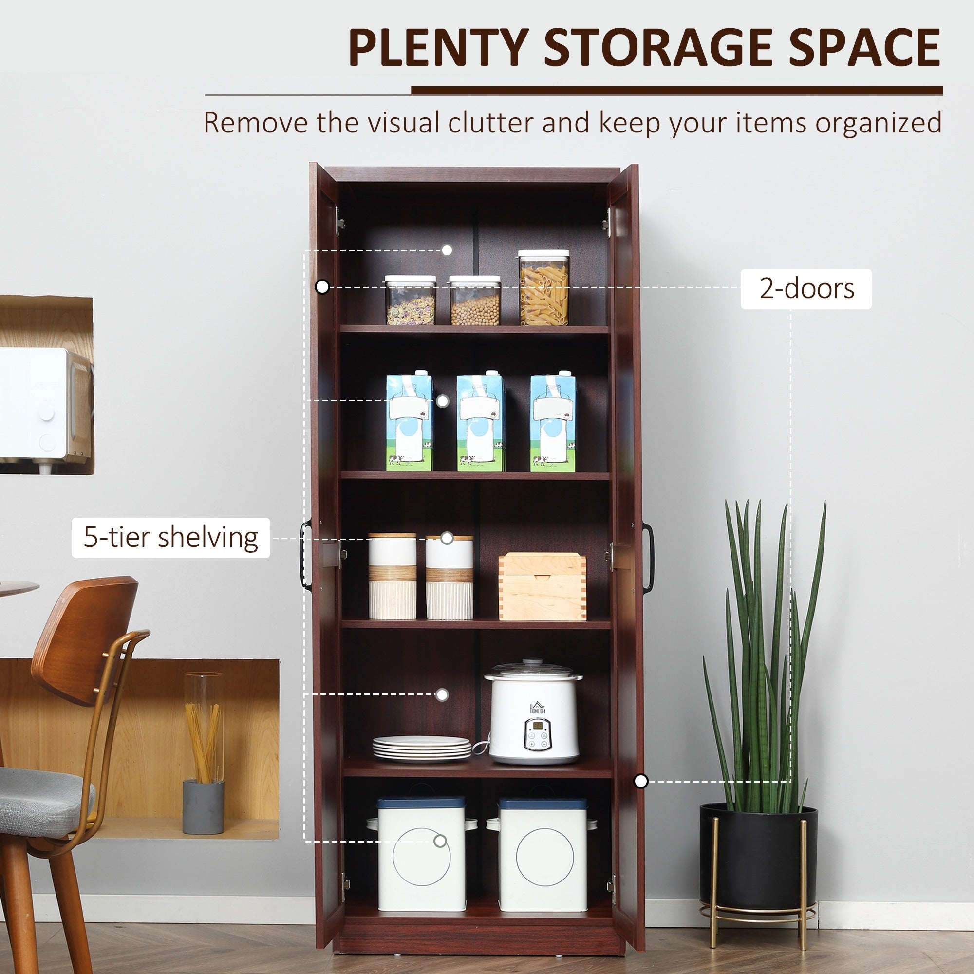 HOMCOM 63 Garde-manger de cuisine à 2 portes, meuble de rangement indépendant avec étagères à 5 niveaux et 2 étagères réglables pour salle à manger