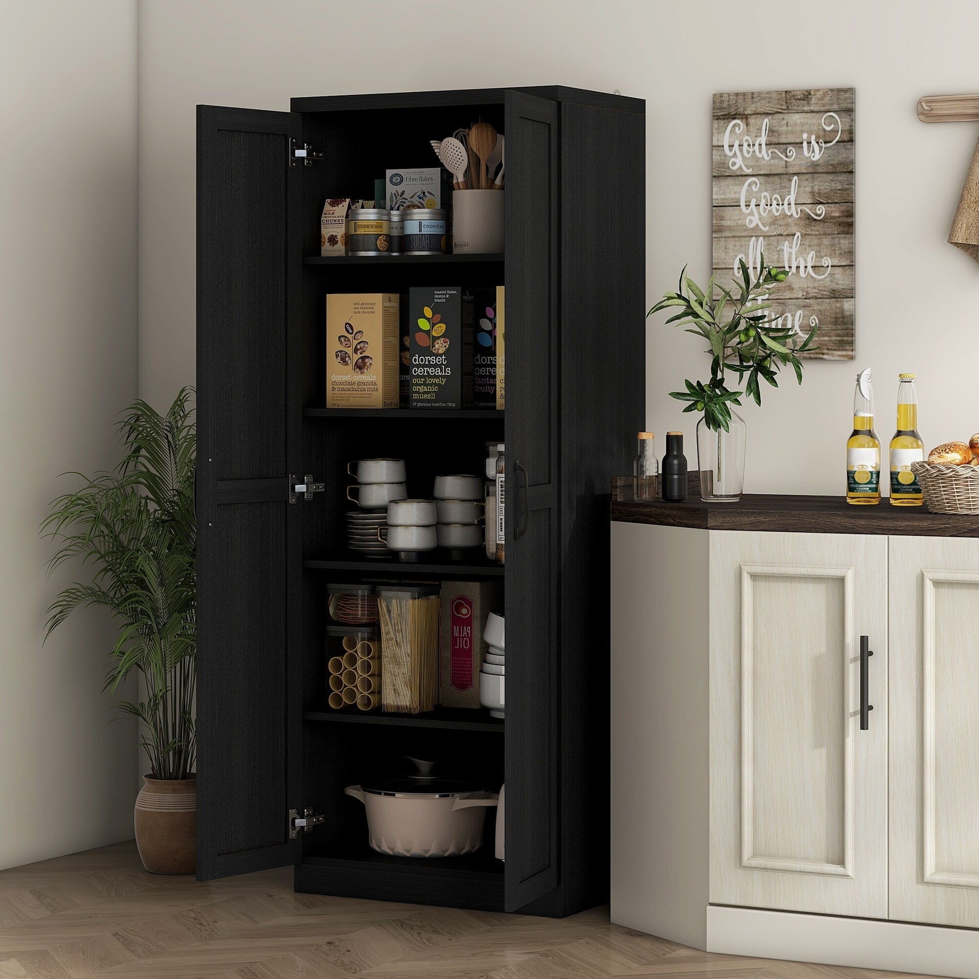 HOMCOM 63 Garde-manger de cuisine à 2 portes, meuble de rangement indépendant avec étagères à 5 niveaux et 2 étagères réglables pour salle à manger