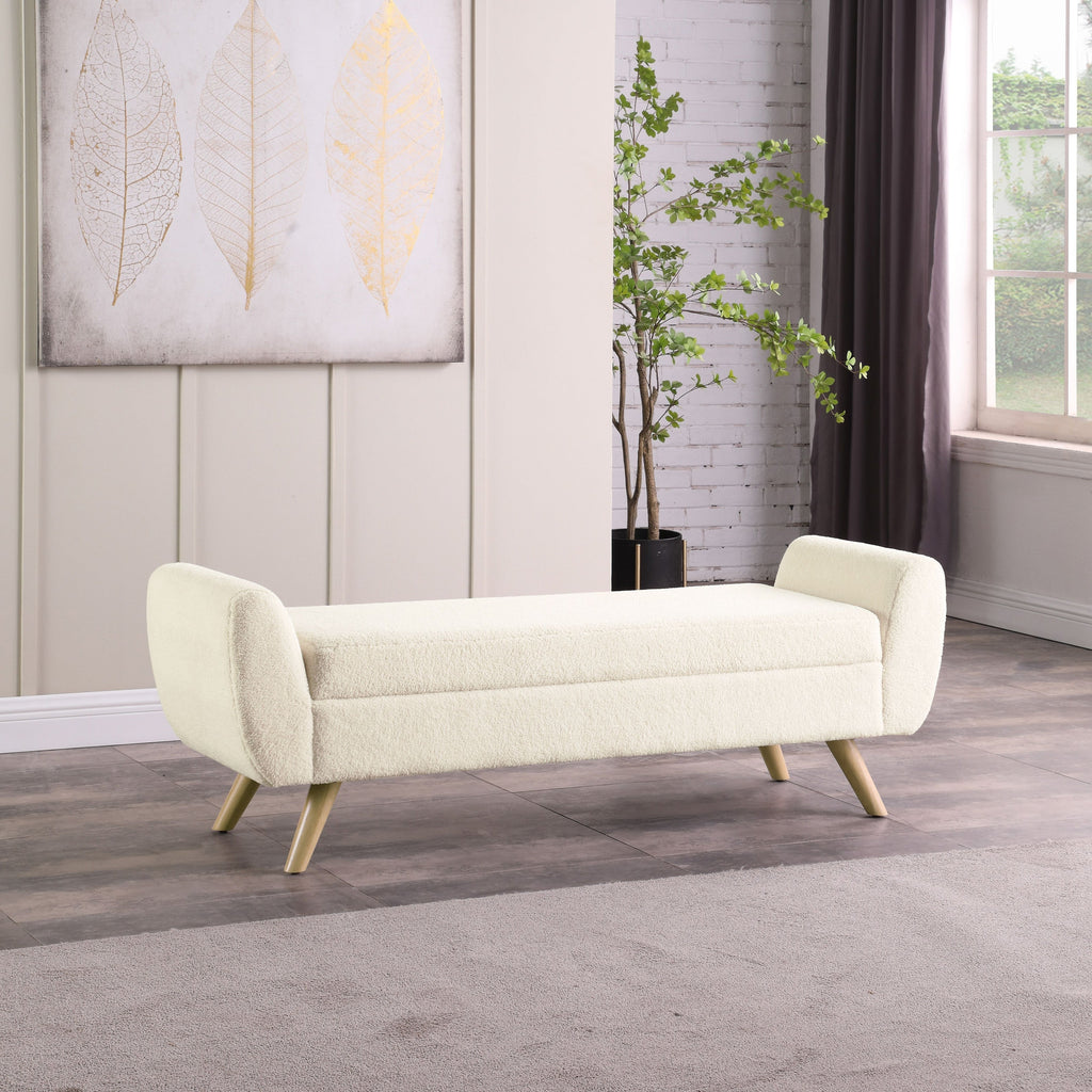 Banc de rangement moderne en sherpa avec pieds en bois HomePop