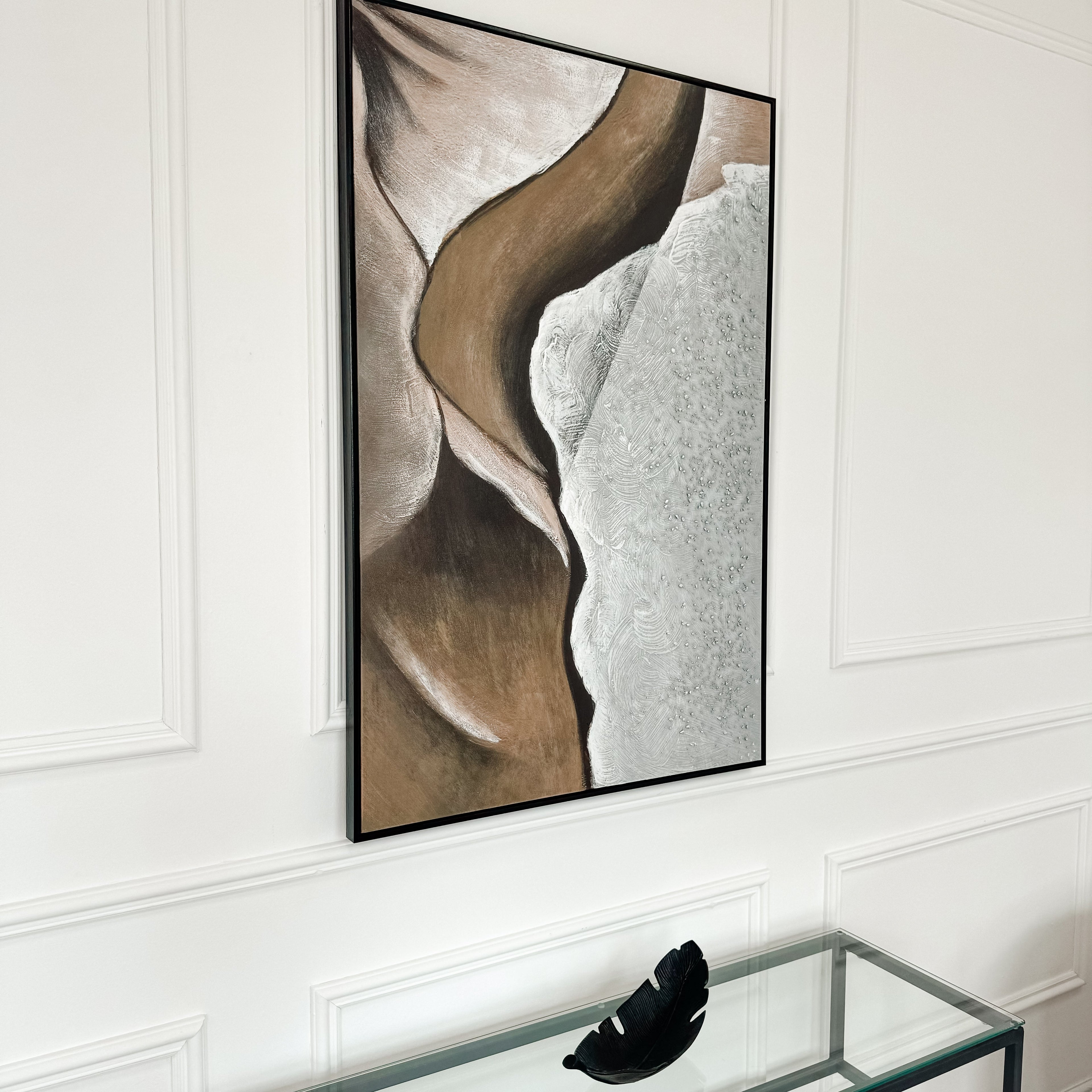 Grande toile de formation rocheuse aux tons neutres avec cadre noir