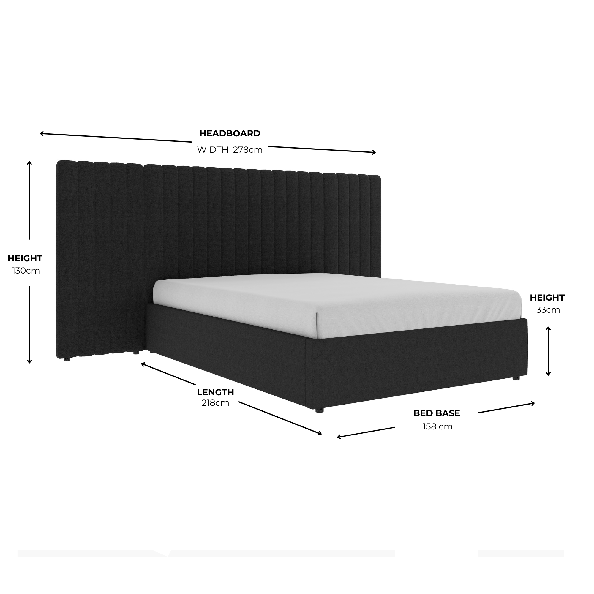 Inaya Lit king size avec tête de lit ottomane et rangement en velours noir à large panneau