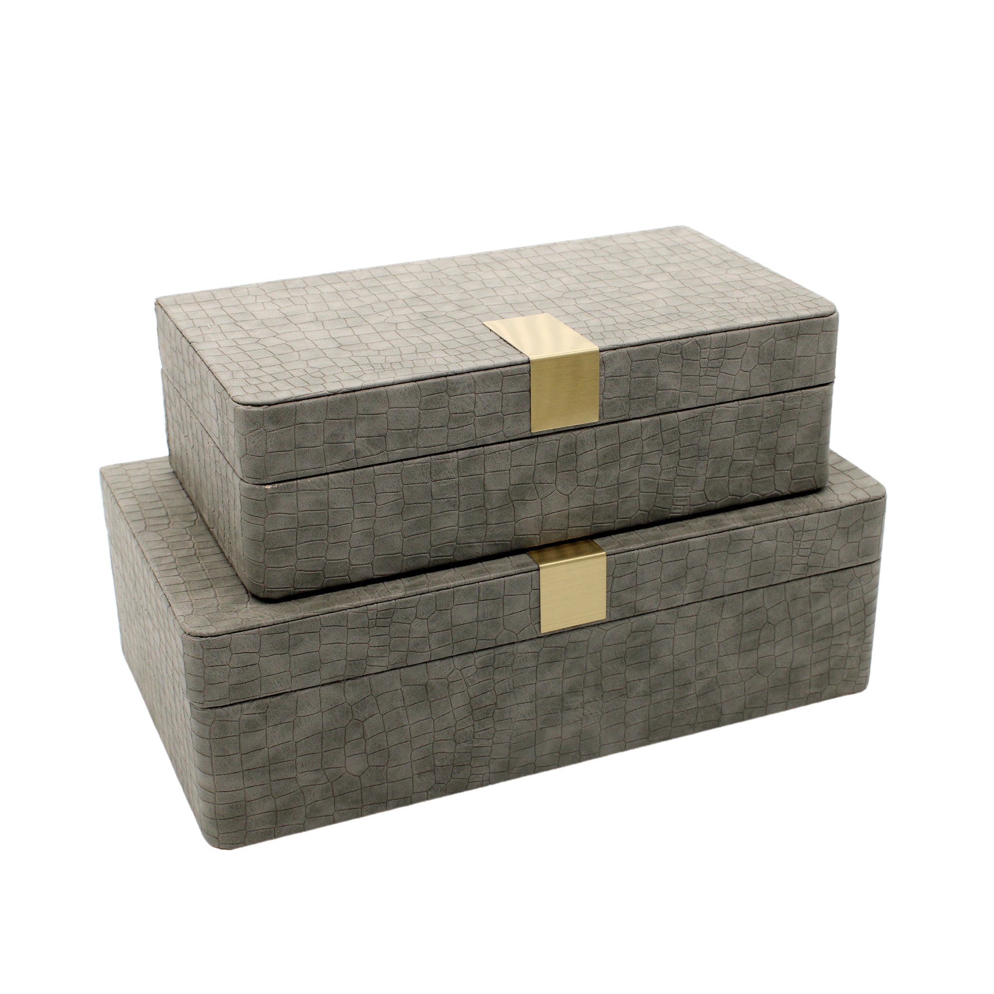 Lot de 2 boîtes à bijoux en similicuir gris avec boucle dorée