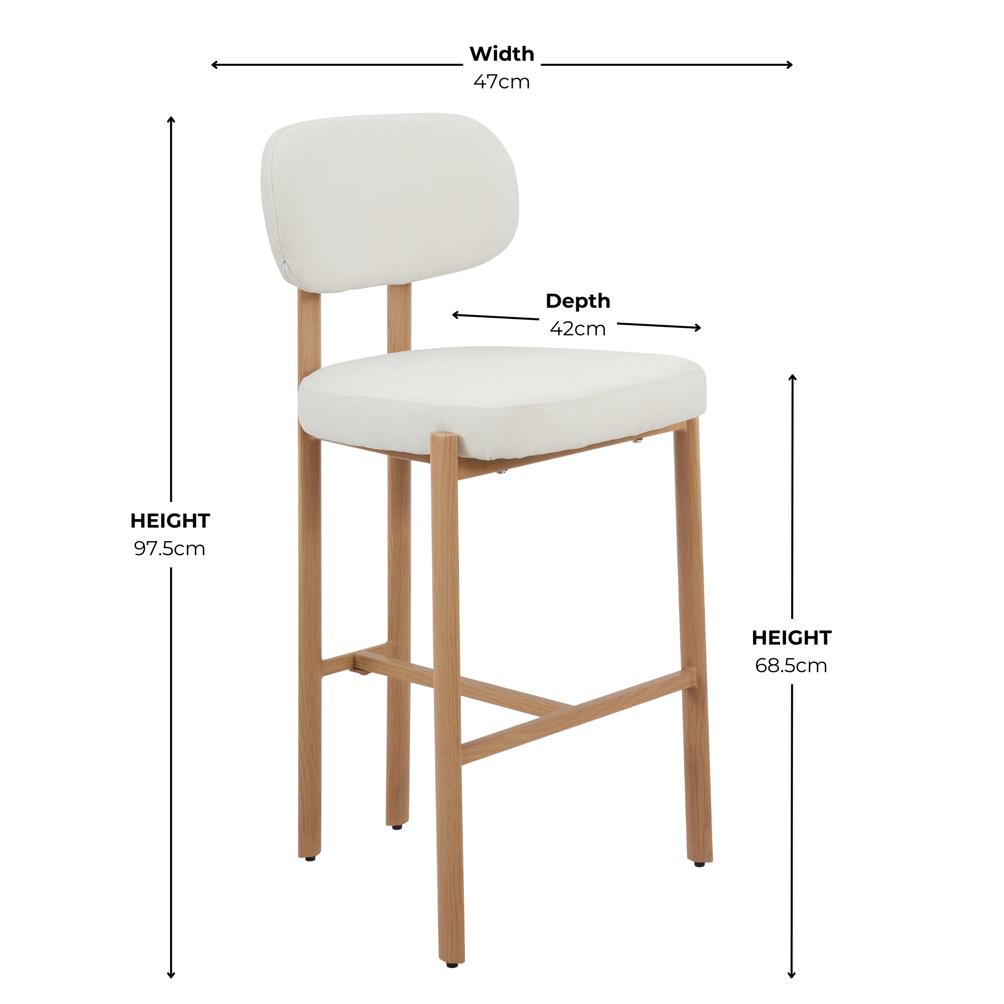 Tabouret de bar Kiah en lin ivoire avec cadre effet chêne naturel