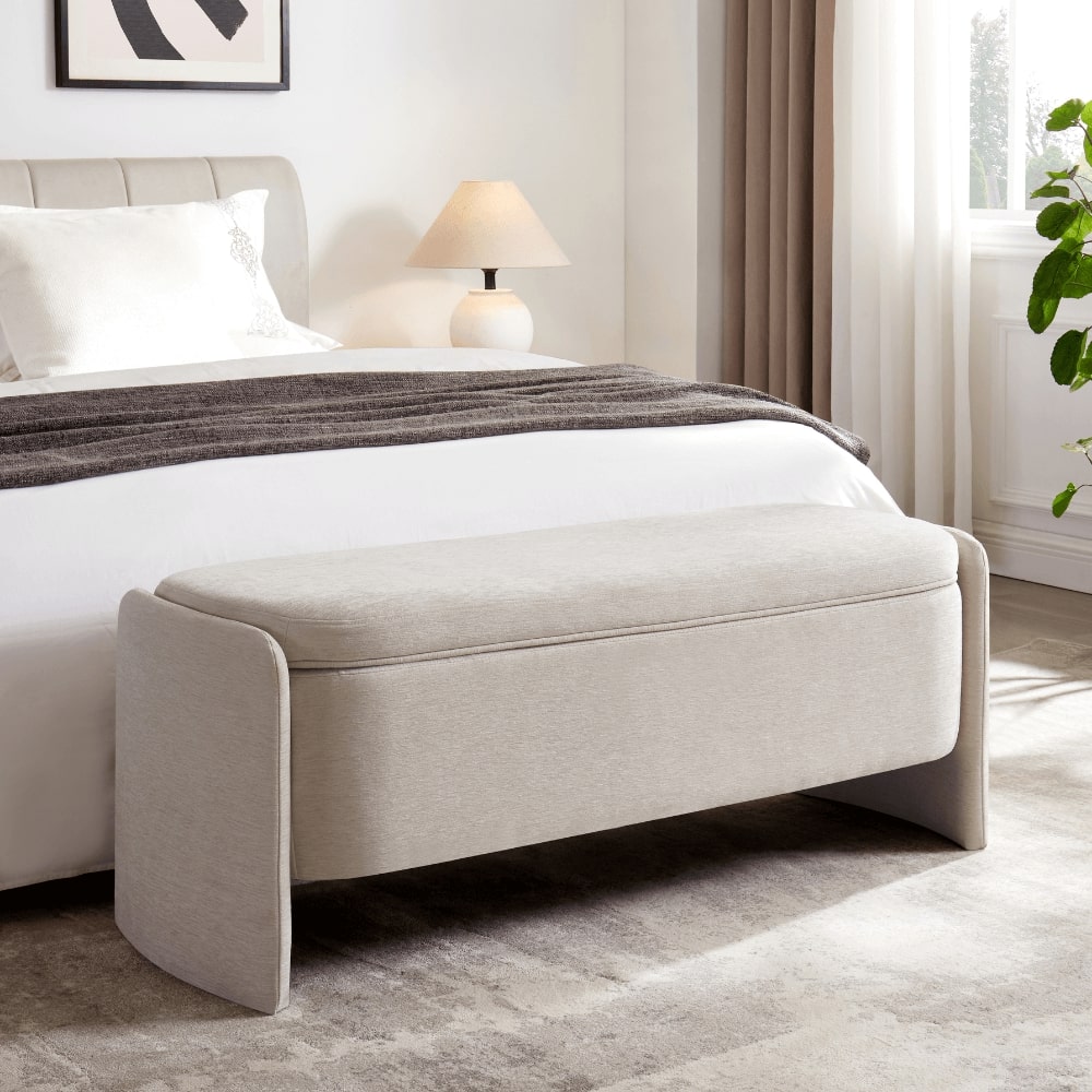 Banc de rangement ottoman en chenille crème Lada