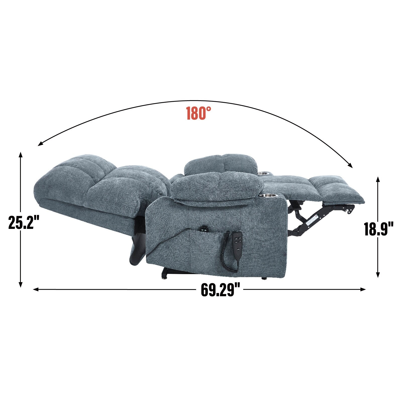 Fauteuil inclinable électrique Lazy Boy à double moteur en chenille avec massage et chauffage lombaire, deux porte-gobelets, gris-bleu