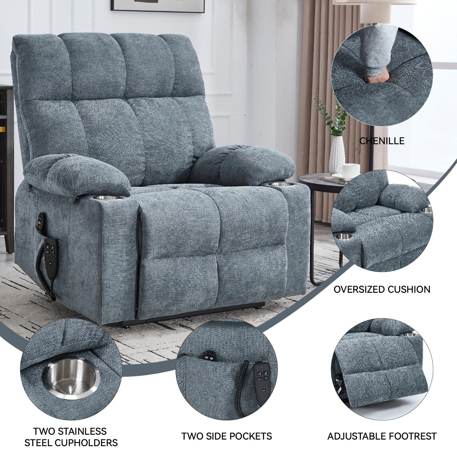 Fauteuil inclinable électrique Lazy Boy à double moteur en chenille avec massage et chauffage lombaire, deux porte-gobelets, gris-bleu