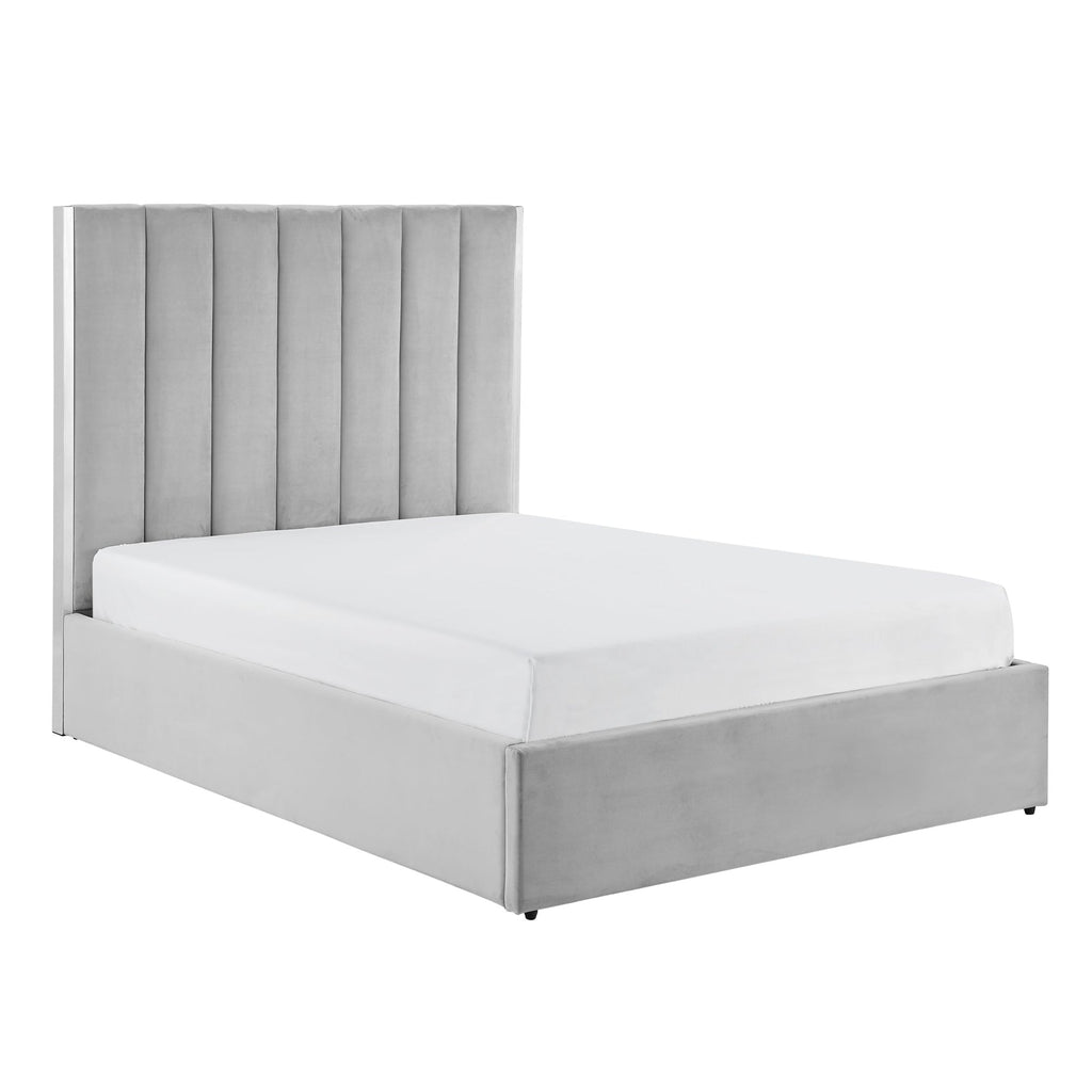 Lit Chloé gris avec bordure argentée et rangement ottoman