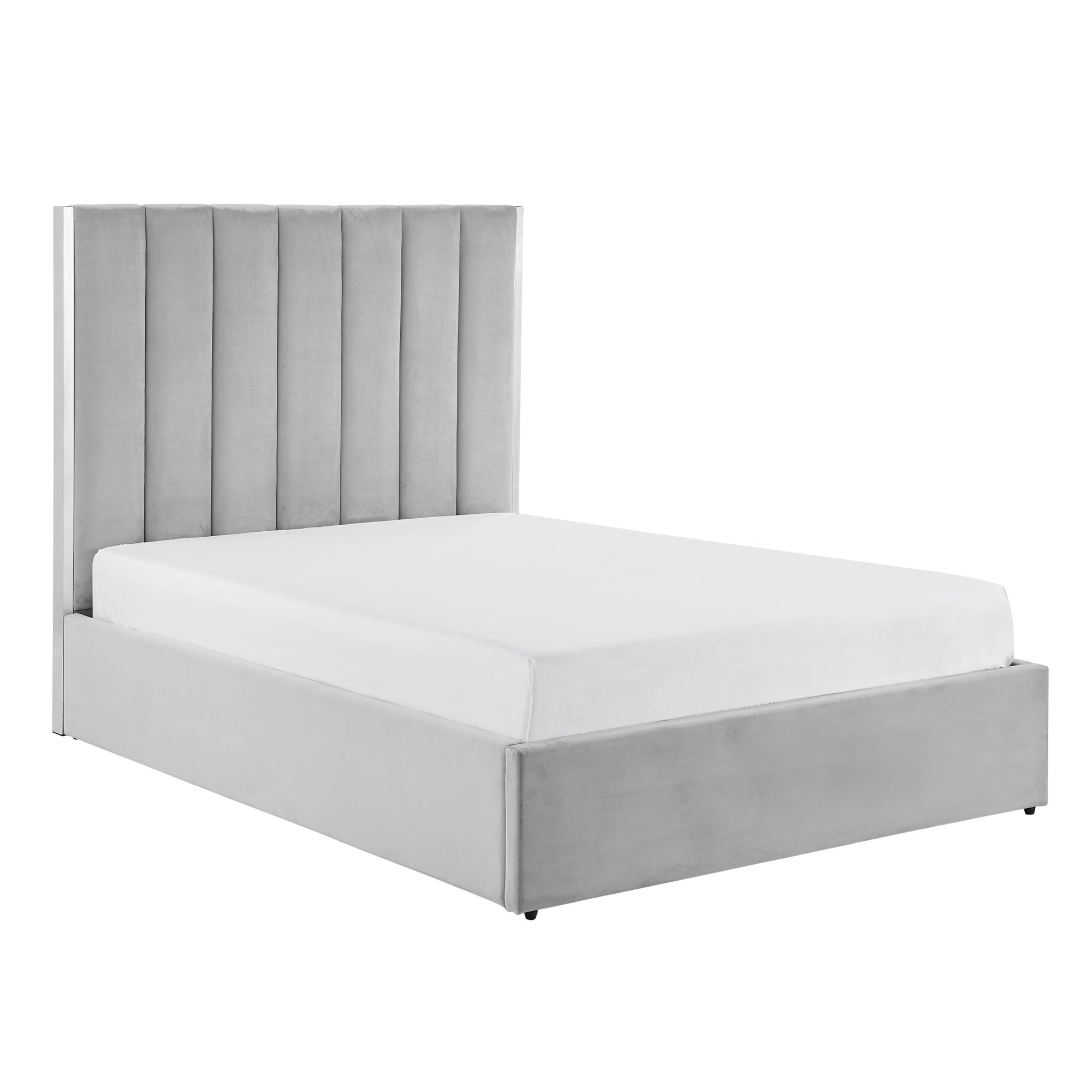 Lit Chloé gris avec bordure argentée et rangement ottoman