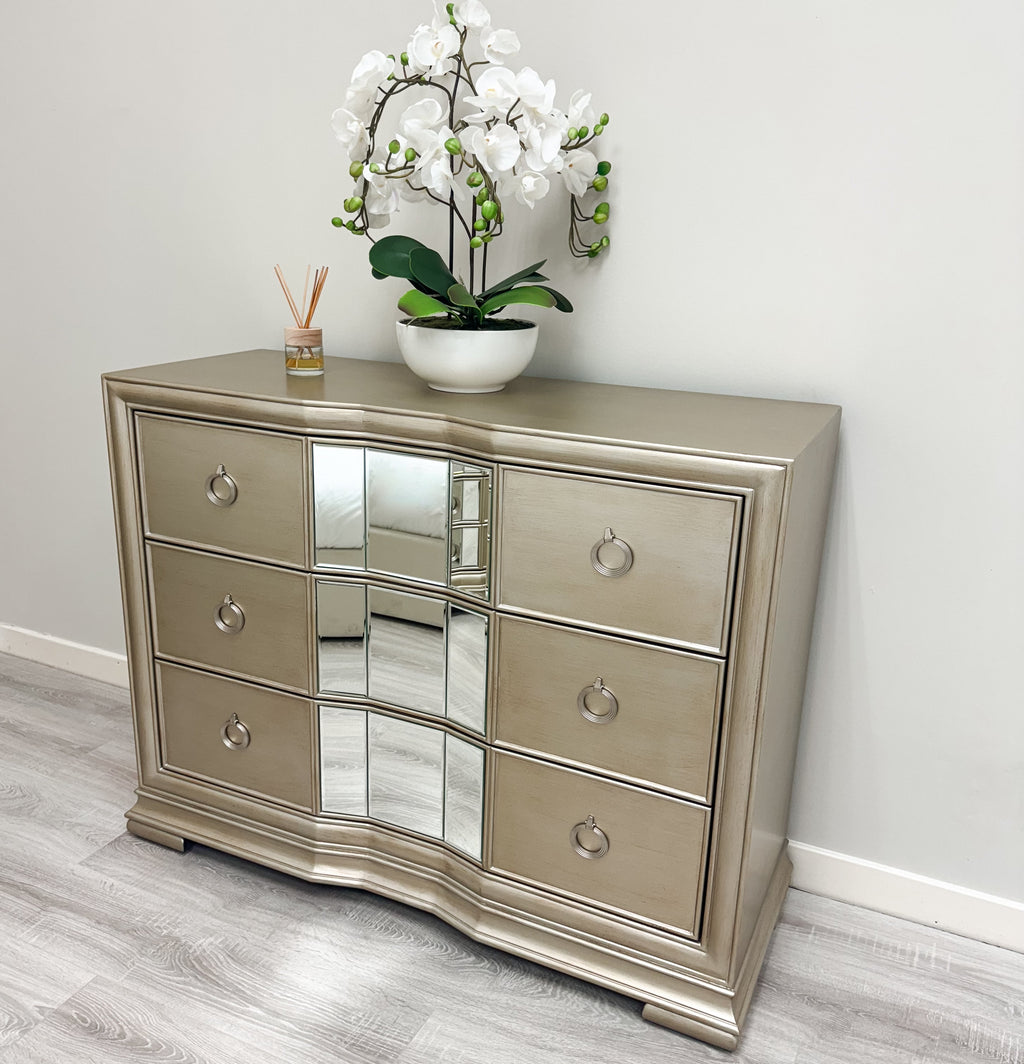 Commode 3 tiroirs en bois doré champagne avec insert miroir, EX DISPLAY