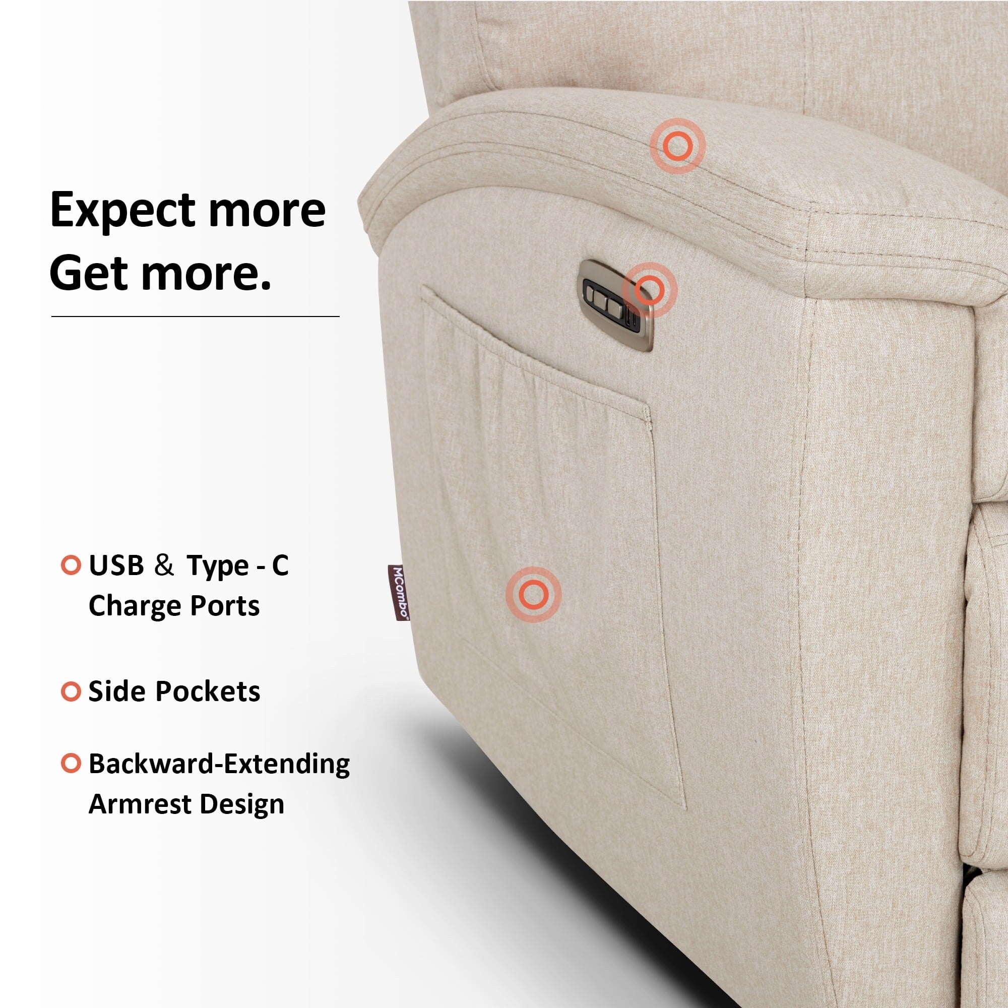 Canapé inclinable électrique MCombo 60.2 avec massage et double chauffage, appui-tête réglable, ports USB et Type-C, tissu