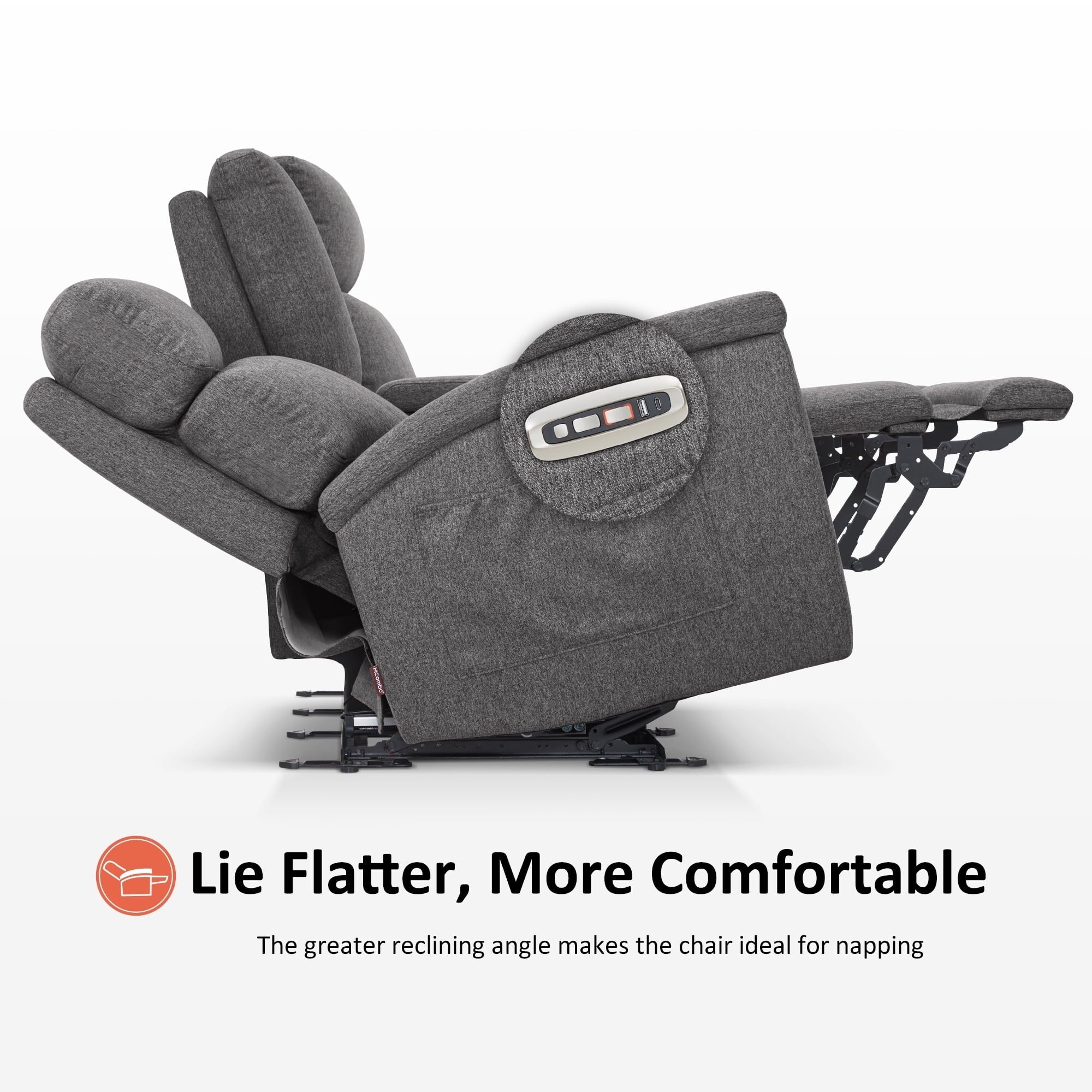 Canapé inclinable électrique MCombo 60.2 avec massage et double chauffage, appui-tête réglable, ports USB et Type-C, tissu