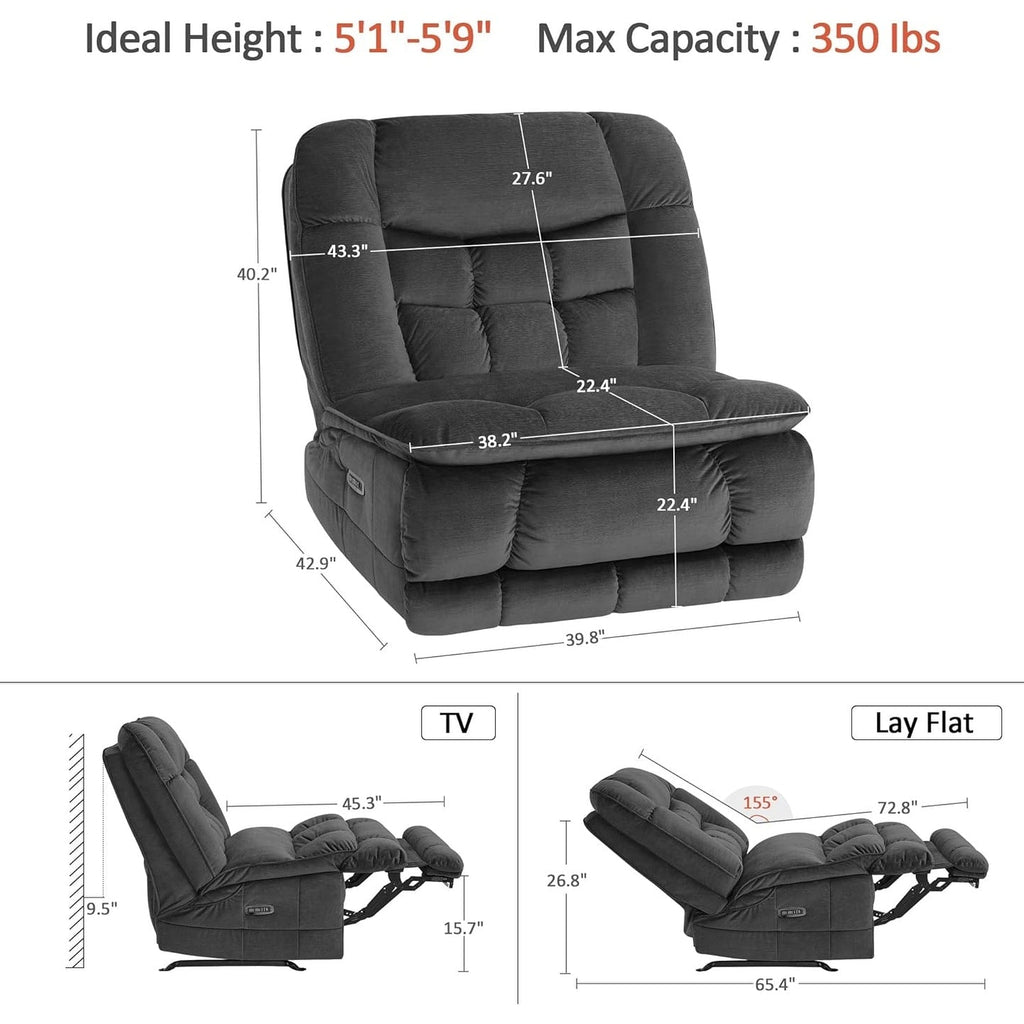 Fauteuil inclinable à bascule électrique surdimensionné MCombo à double moteur, sans accoudoirs, idéal pour le salon, tissu PR607