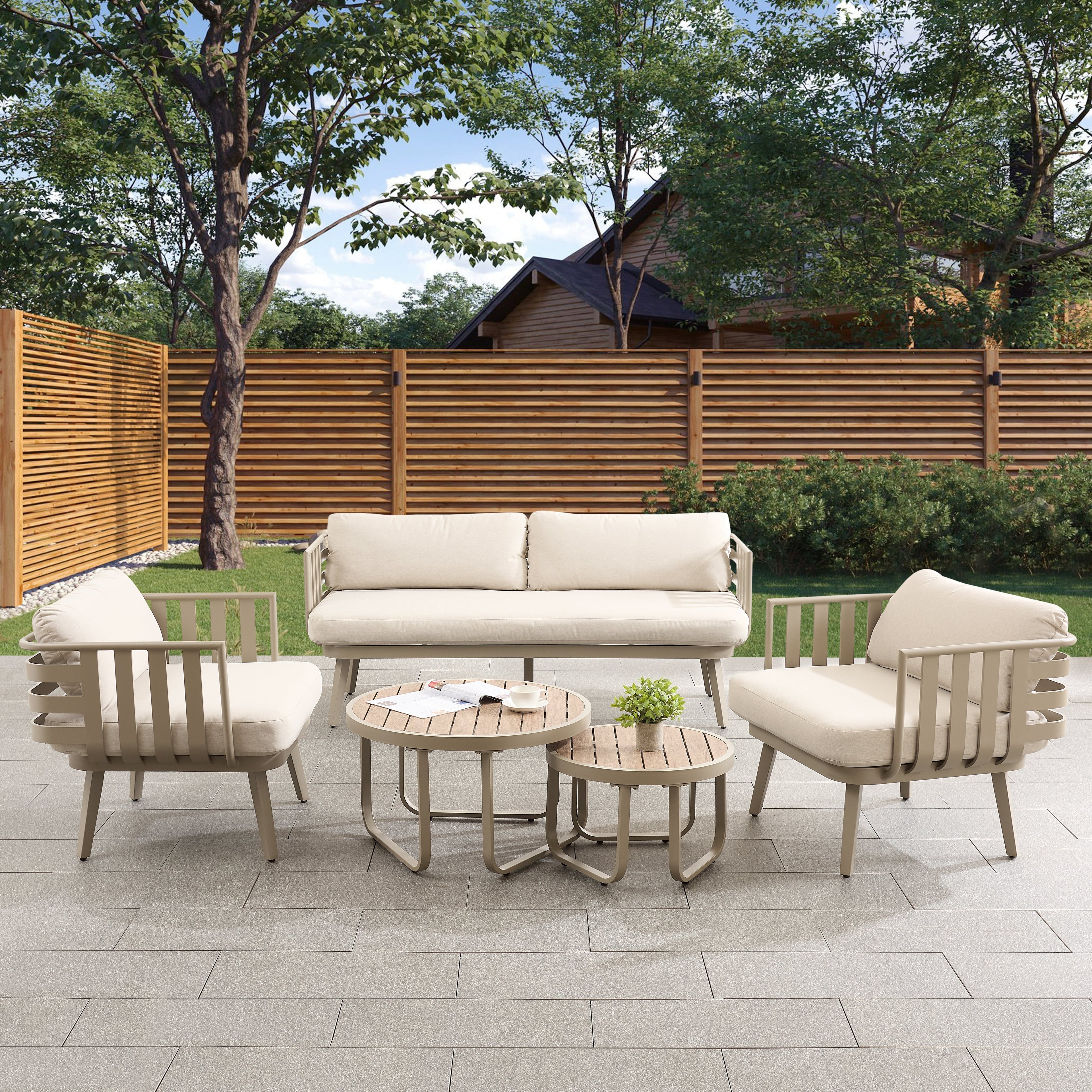 Salon de jardin 5 places en aluminium beige Venice avec coussins beiges