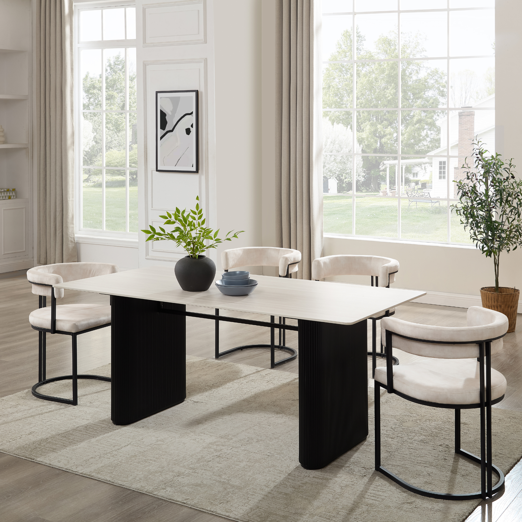Table à manger Siena en céramique blanche avec base nervurée noire