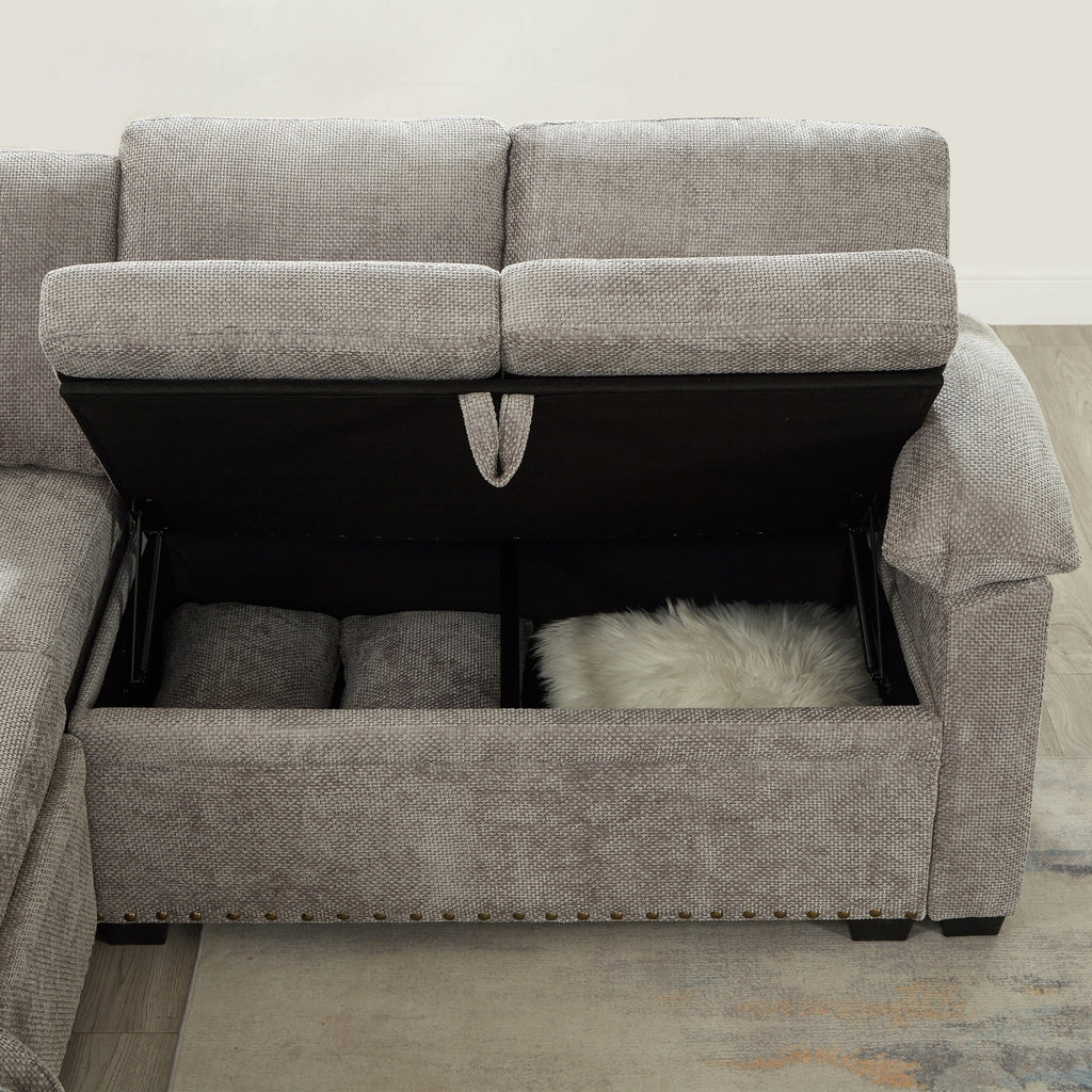 Canapé sectionnel moderne en chenille en forme de L avec canapé-lit gigogne, sièges de rangement, pouf et 2 oreillers pour le salon