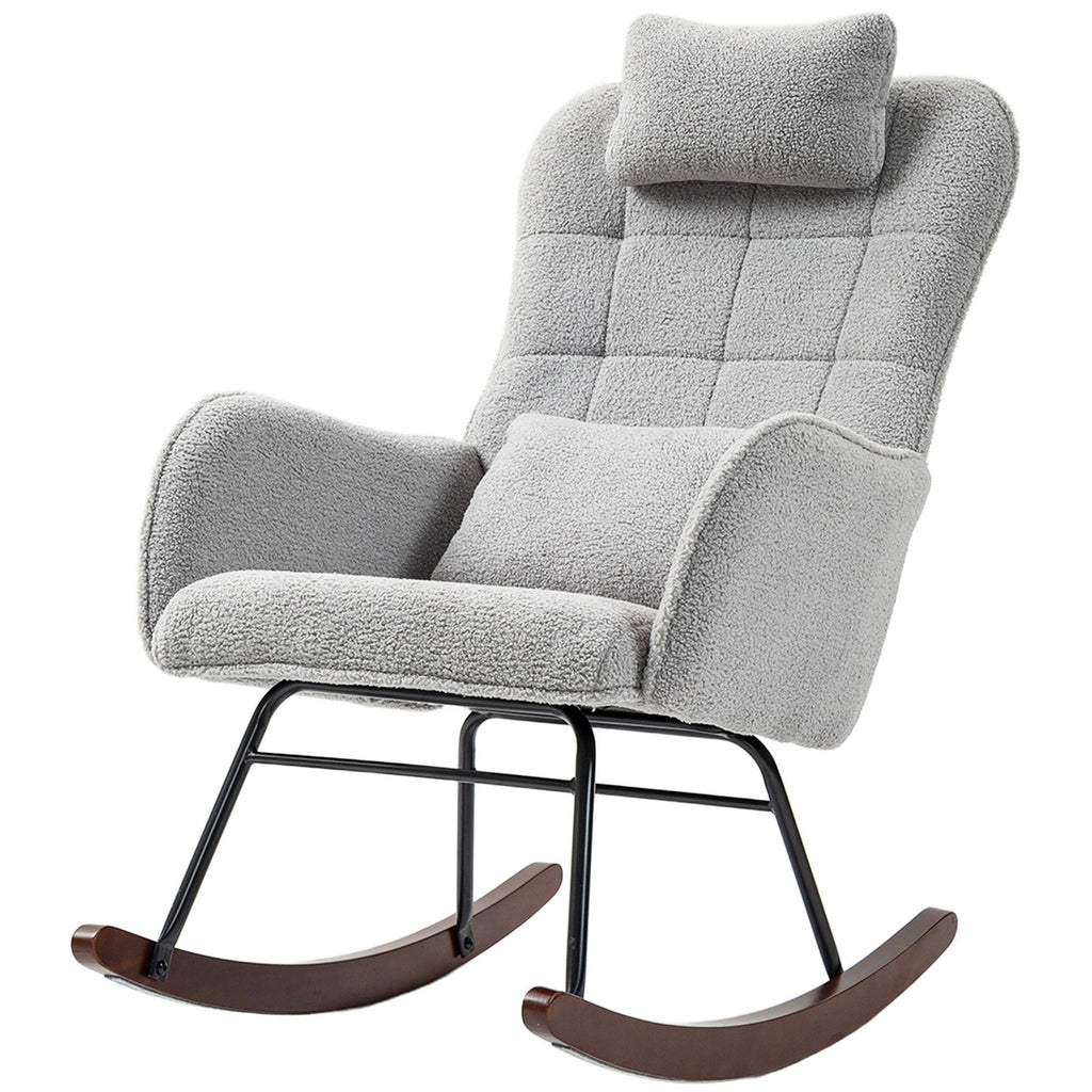 Fauteuil à bascule rembourré moderne avec dossier haut, appui-tête et coussin lombaire pour salon ou chambre à coucher