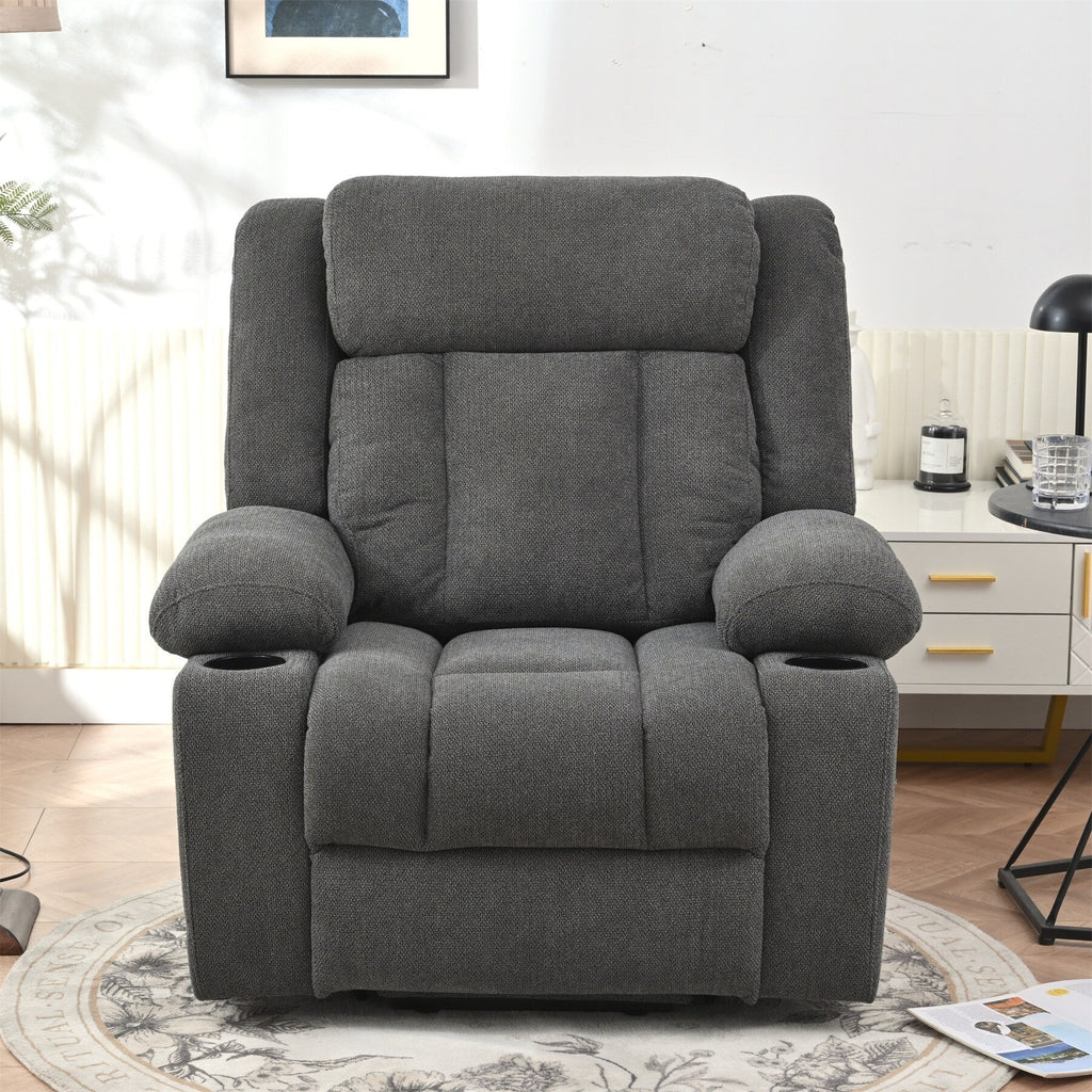 Fauteuil releveur électrique pour personnes âgées, en tissu, avec repose-pieds allongé, 2 porte-gobelets, poches latérales et télécommande.