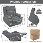 Fauteuil releveur électrique pour personnes âgées, en tissu, avec repose-pieds allongé, 2 porte-gobelets, poches latérales et télécommande.