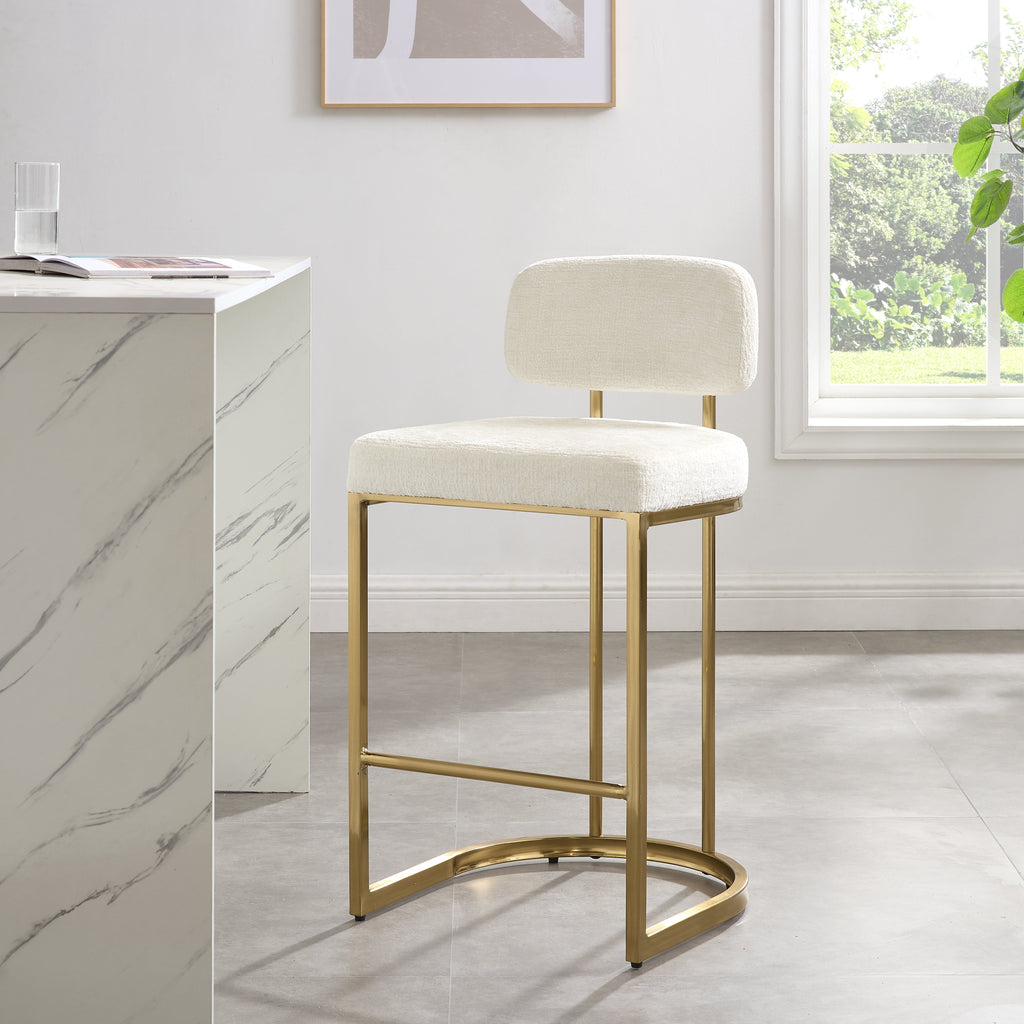 Tabouret de bar Rhea en tissu blanc avec cadre doré