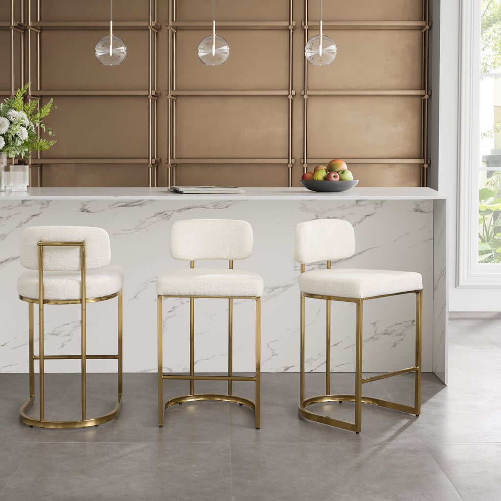 Tabouret de bar Rhea en tissu blanc avec cadre doré