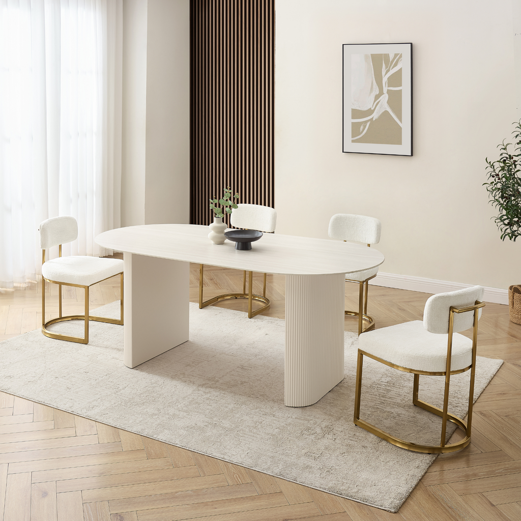 Table à manger Sofia en céramique blanche avec base côtelée crème