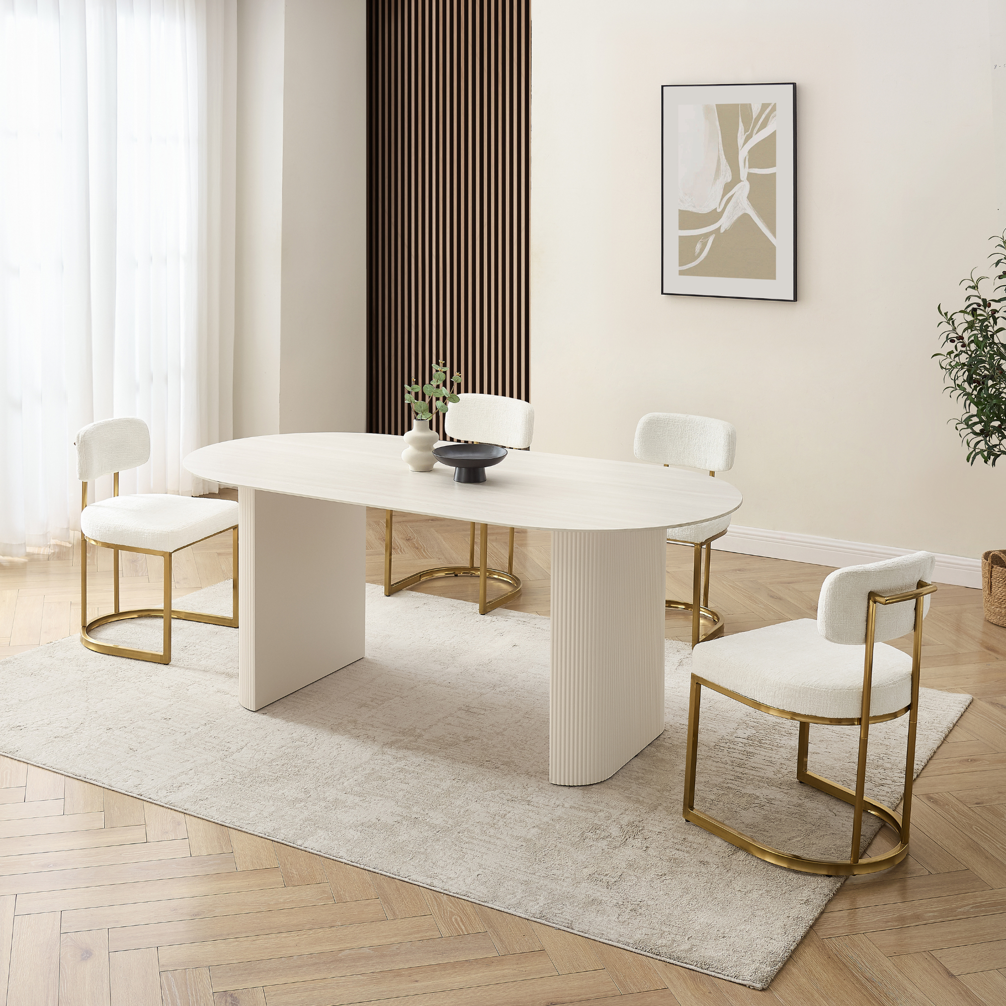 Table à manger Sofia en céramique blanche avec base côtelée crème