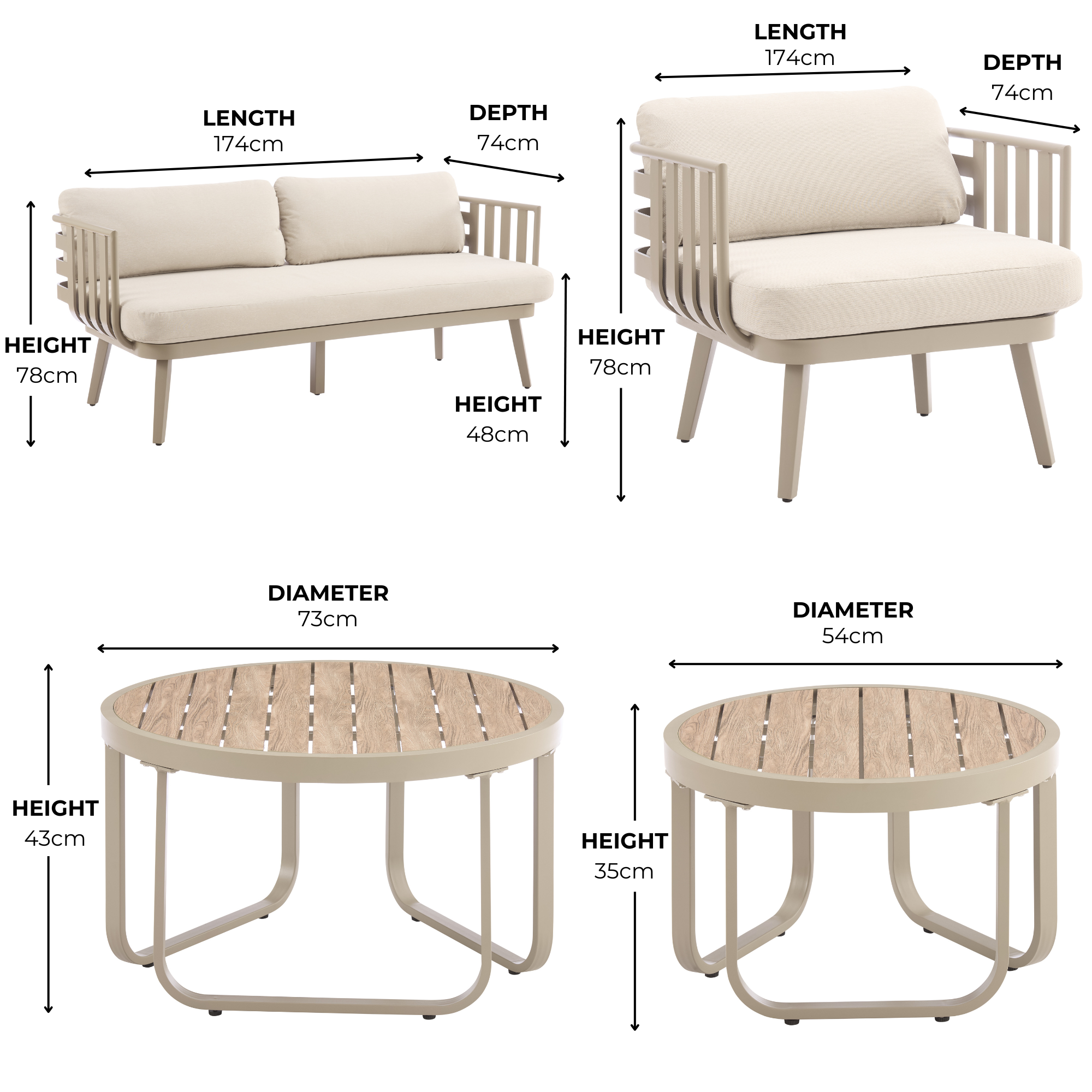 Salon de jardin 5 places en aluminium beige Venice avec coussins beiges