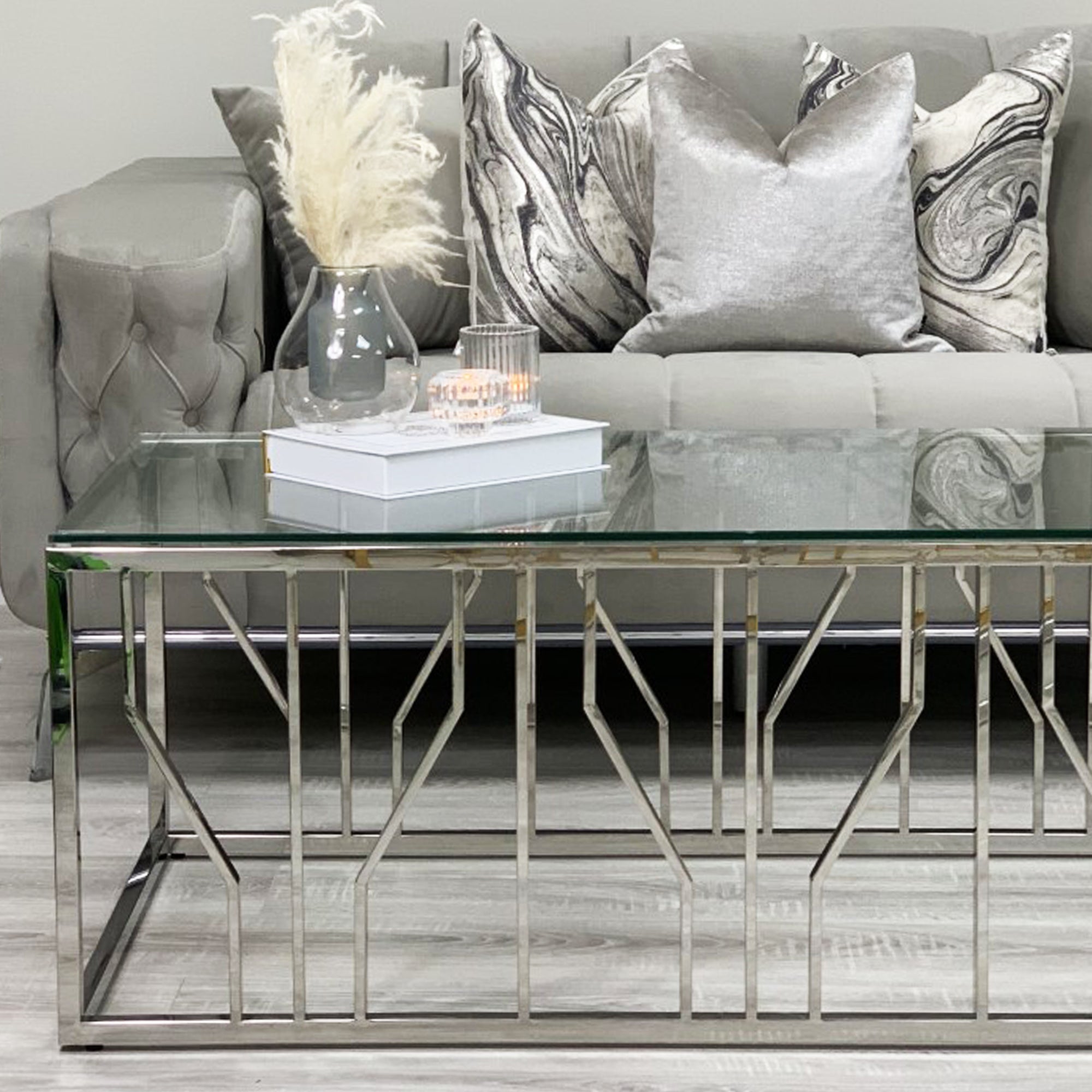 Table basse Aria Silver Deco avec plateau en verre transparent