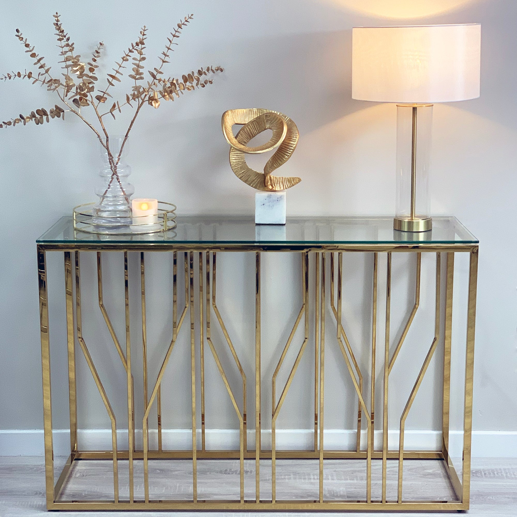 Console Aria Gold Deco avec plateau en verre transparent