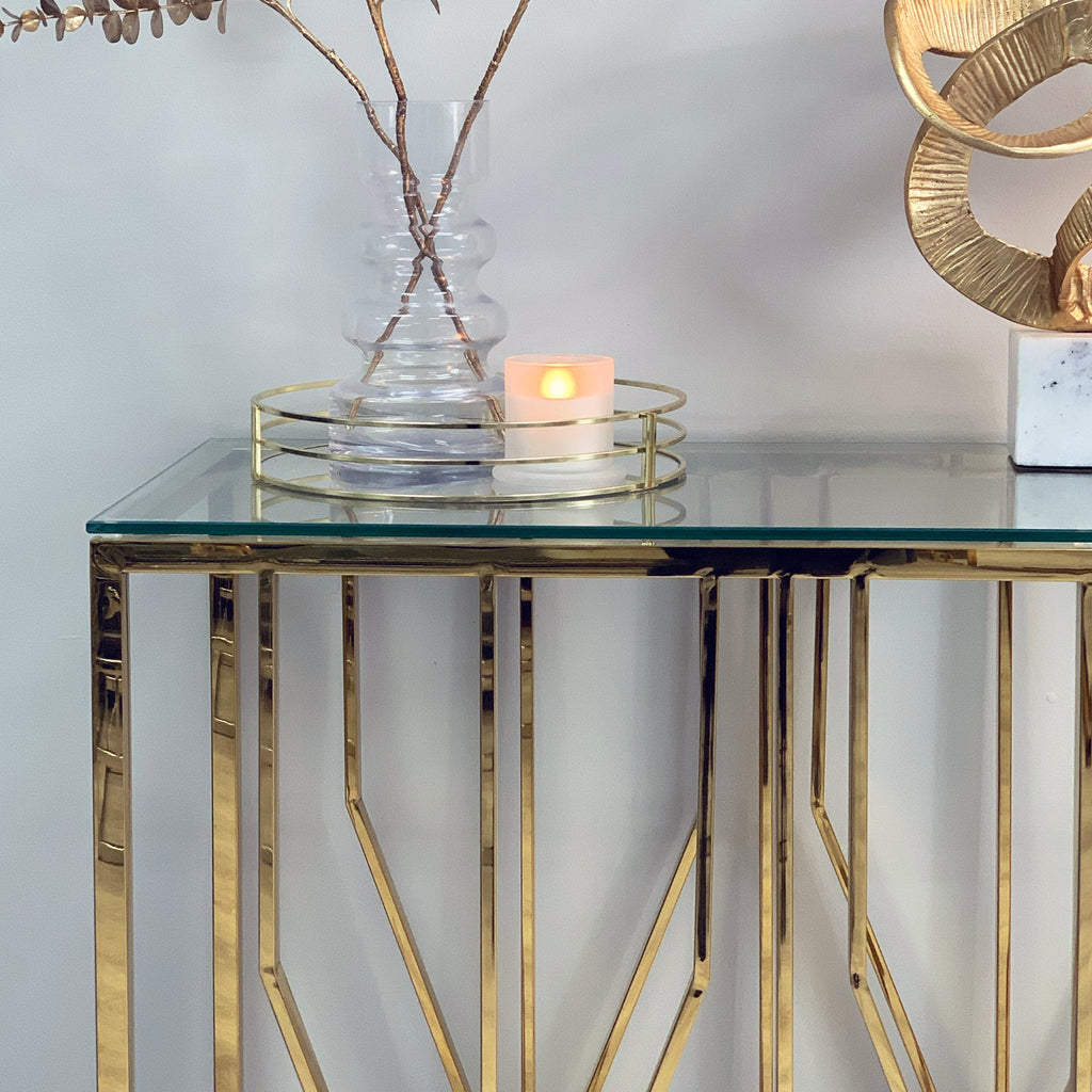 Console Aria Gold Deco avec plateau en verre transparent